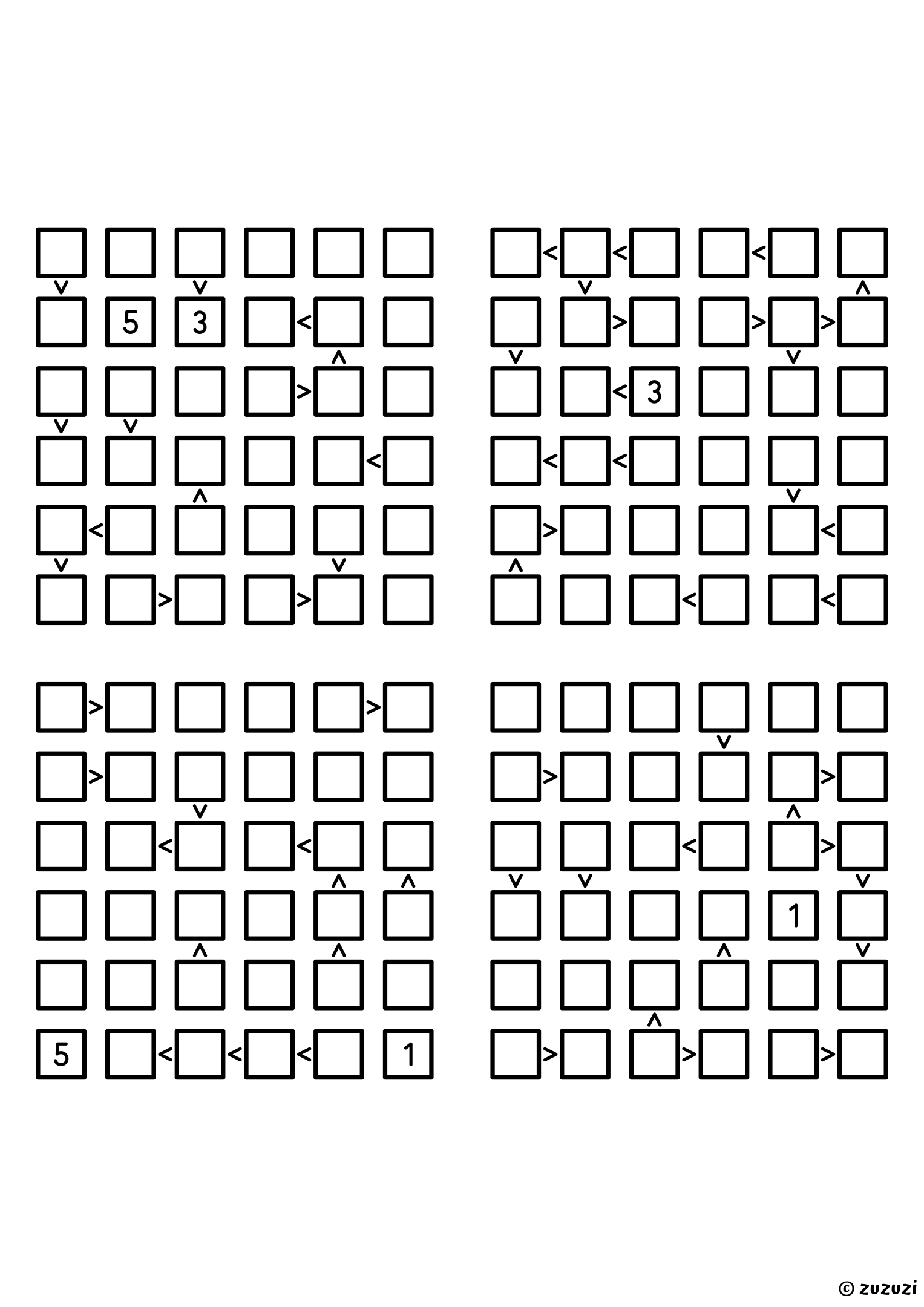 Four challenging 6x6 futoshiki grids with inequality signs between neighboring cells. Digits 1 to 6, 4 puzzles per page. Variant 3.