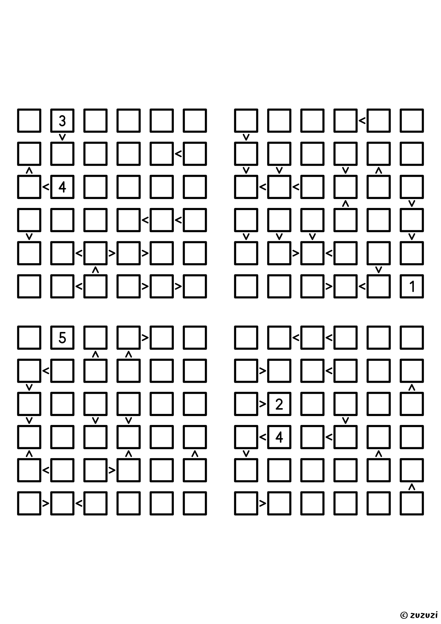 Four challenging 6x6 futoshiki grids with inequality signs between neighboring cells. Digits 1 to 6, 4 puzzles per page. Variant 4.