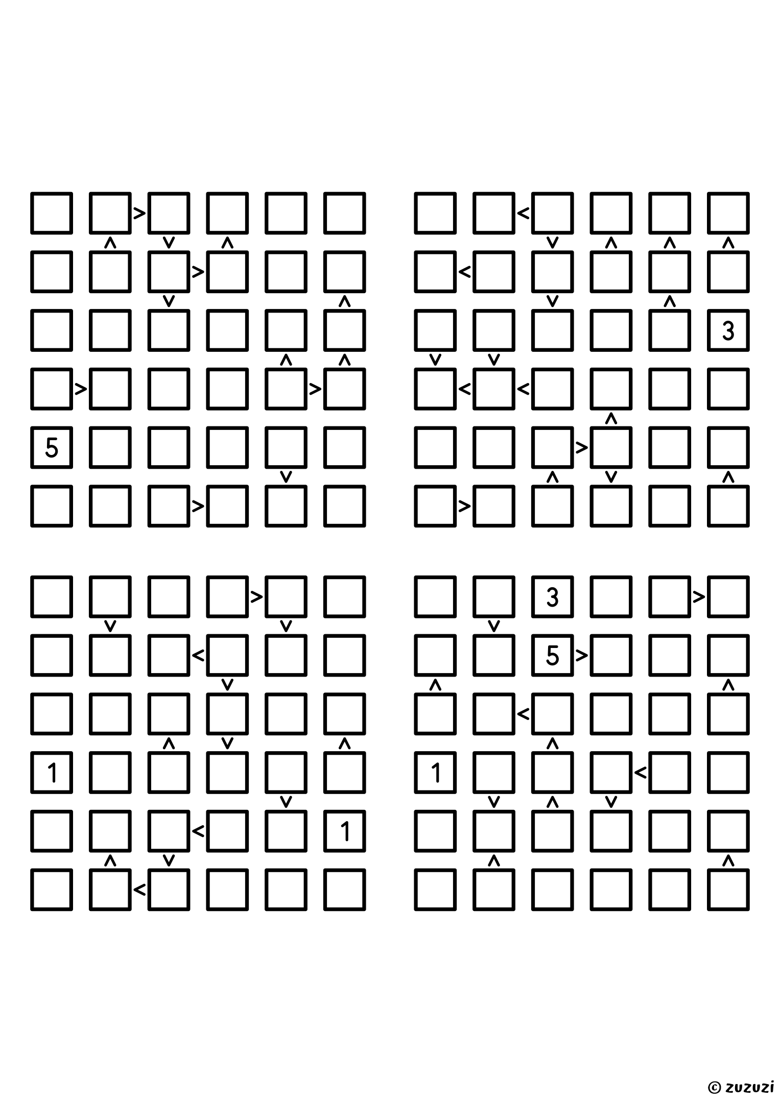 Four challenging 6x6 futoshiki grids with inequality signs between neighboring cells. Digits 1 to 6, 4 puzzles per page. Variant 5.