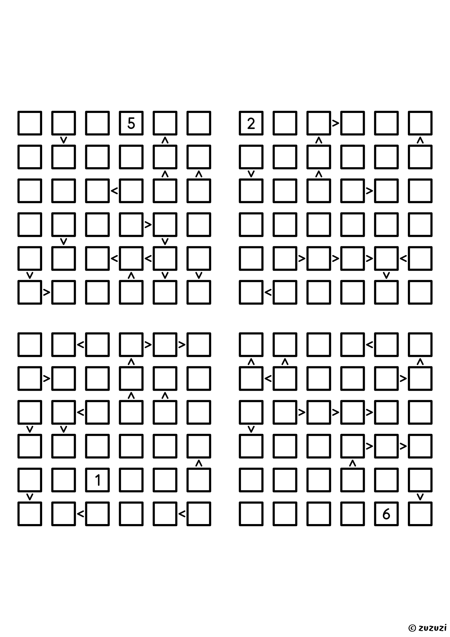 Four challenging 6x6 futoshiki grids with inequality signs between neighboring cells. Digits 1 to 6, 4 puzzles per page. Variant 6.