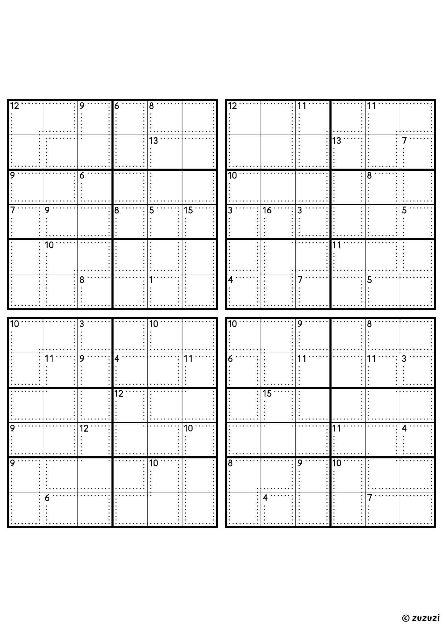 Four intermediate 6x6 killer sudoku grids with no given numbers, only dotted cages and their sums. Digits 1 to 6, 4 puzzles per page. Variant 1.