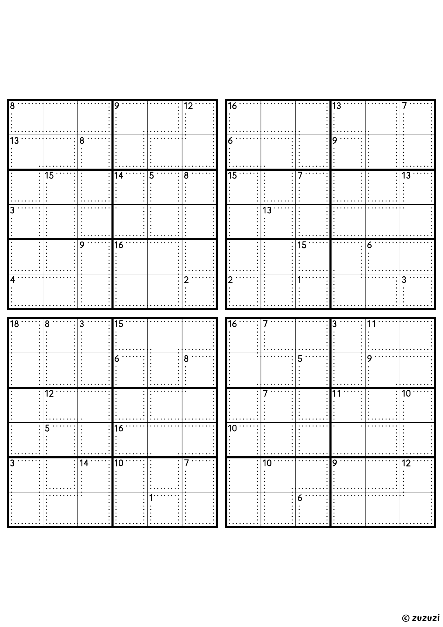 Four intermediate 6x6 killer sudoku grids with no given numbers, only dotted cages and their sums. Digits 1 to 6, 4 puzzles per page. Variant 2.