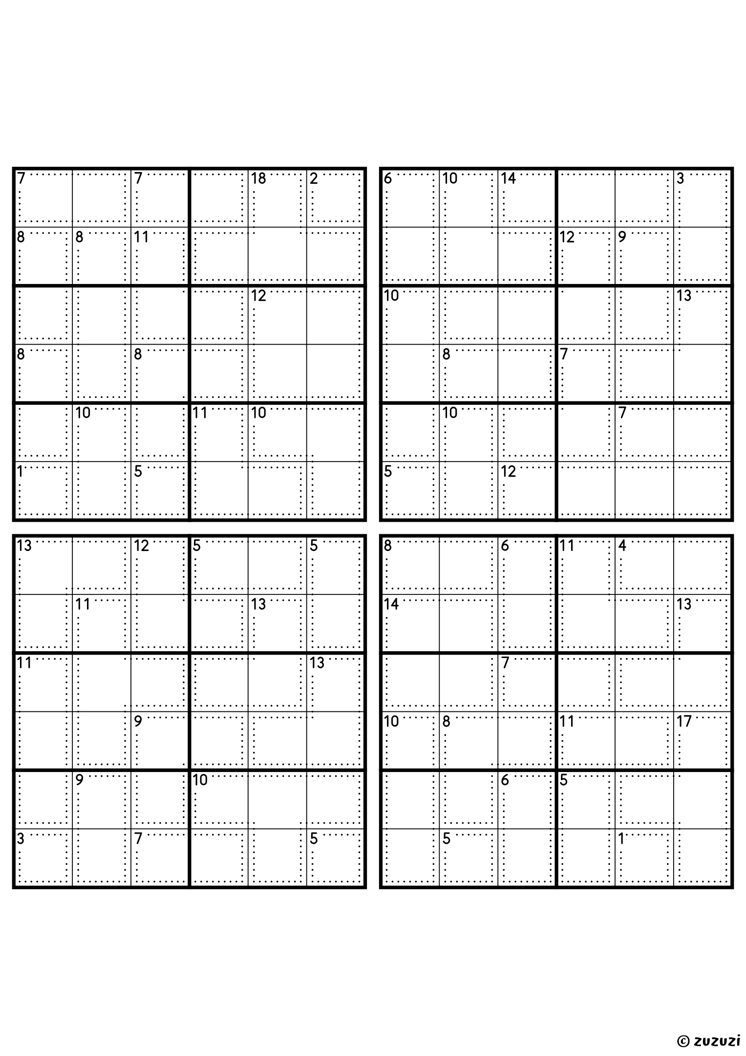 Four intermediate 6x6 killer sudoku grids with no given numbers, only dotted cages and their sums. Digits 1 to 6, 4 puzzles per page. Variant 3.