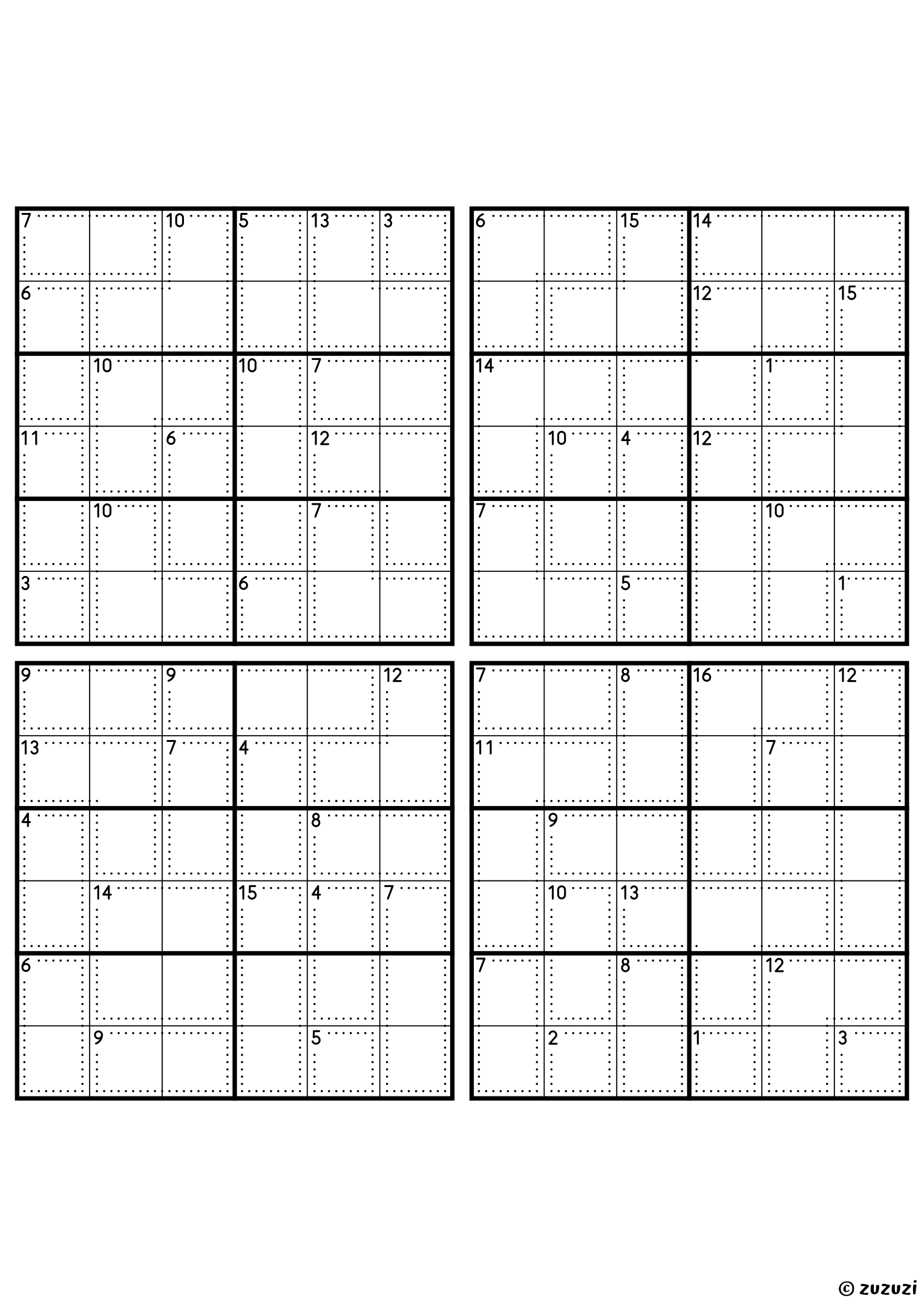 Four intermediate 6x6 killer sudoku grids with no given numbers, only dotted cages and their sums. Digits 1 to 6, 4 puzzles per page. Variant 4.