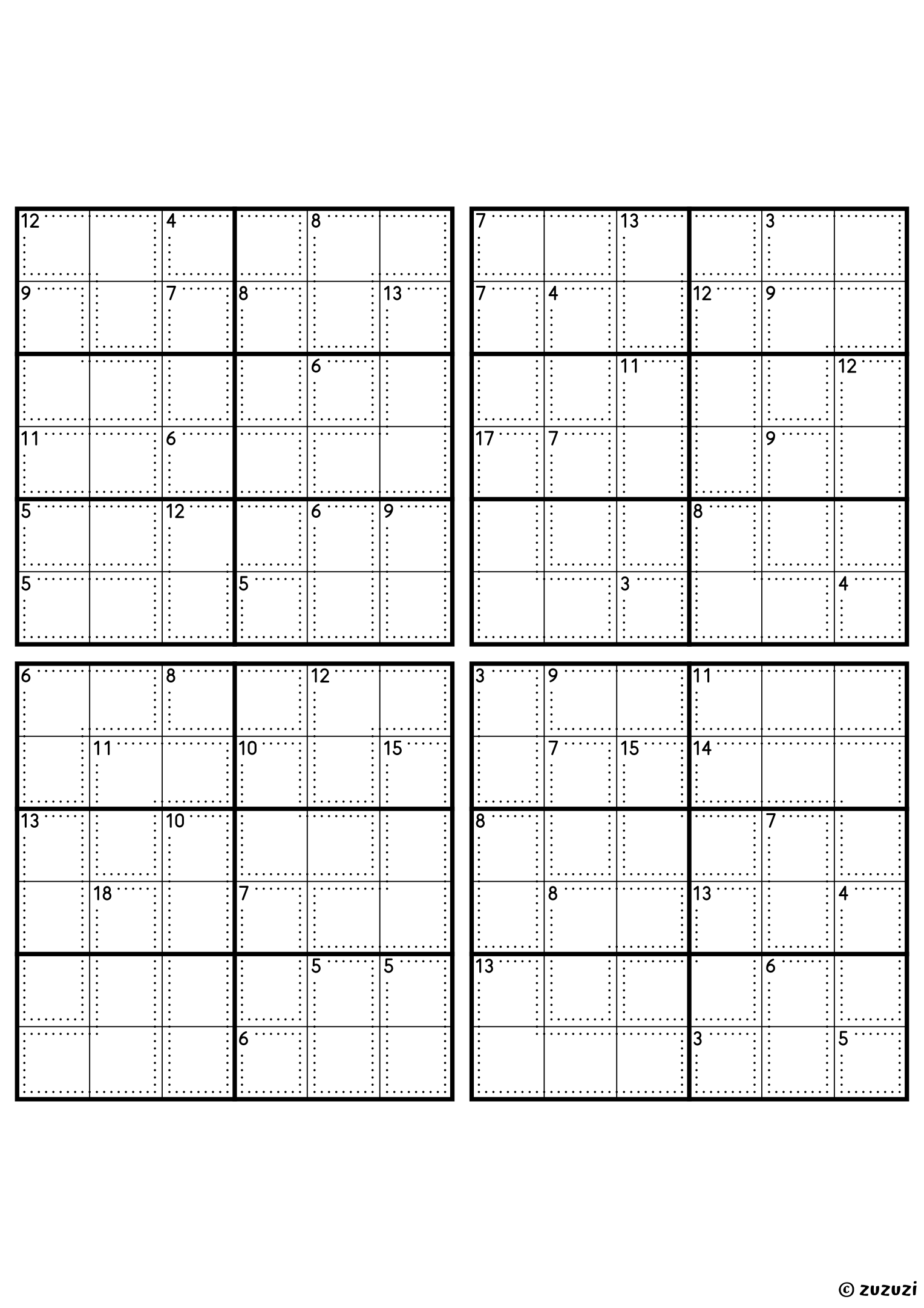 Four intermediate 6x6 killer sudoku grids with no given numbers, only dotted cages and their sums. Digits 1 to 6, 4 puzzles per page. Variant 5.