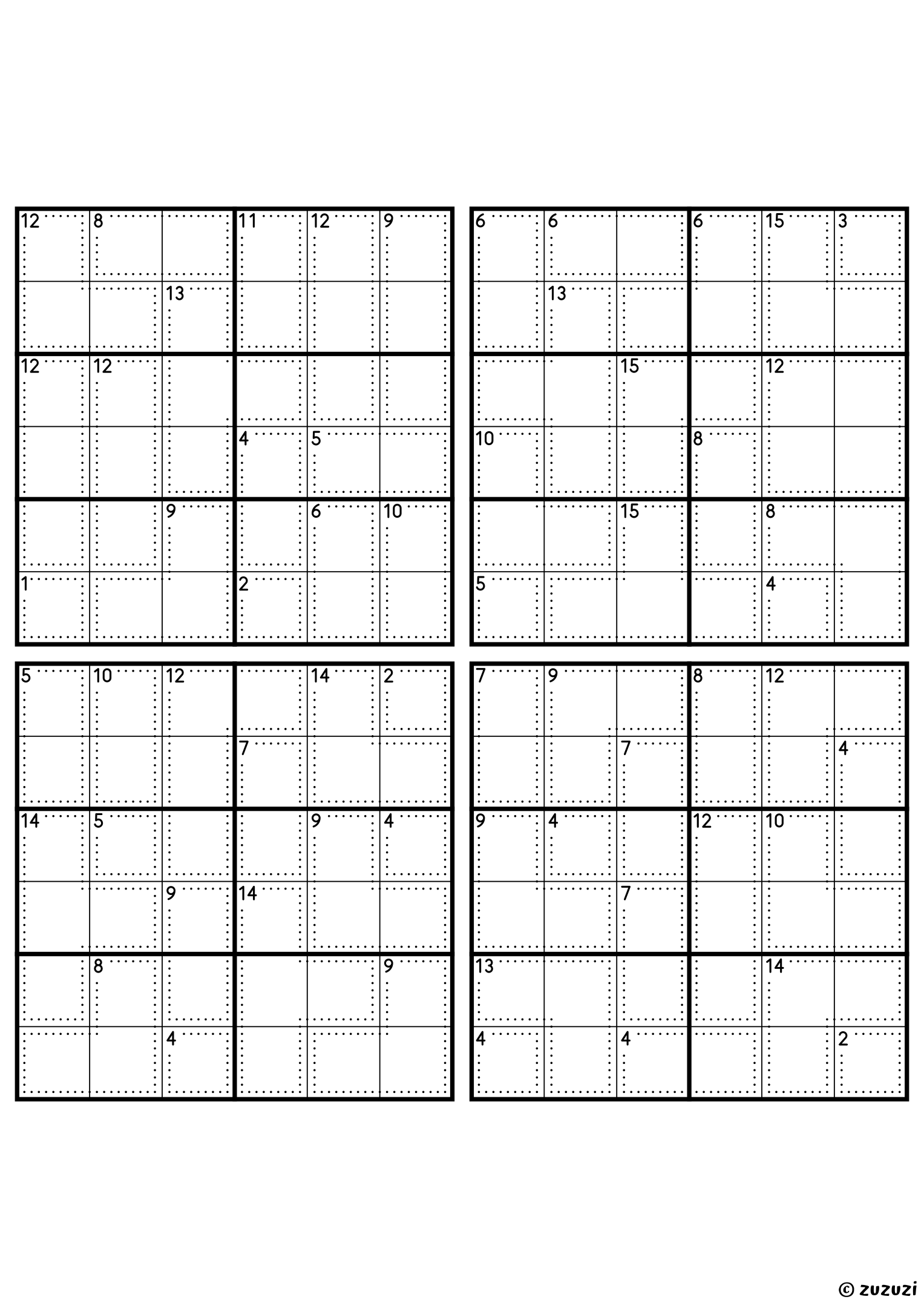 Four intermediate 6x6 killer sudoku grids with no given numbers, only dotted cages and their sums. Digits 1 to 6, 4 puzzles per page. Variant 6.
