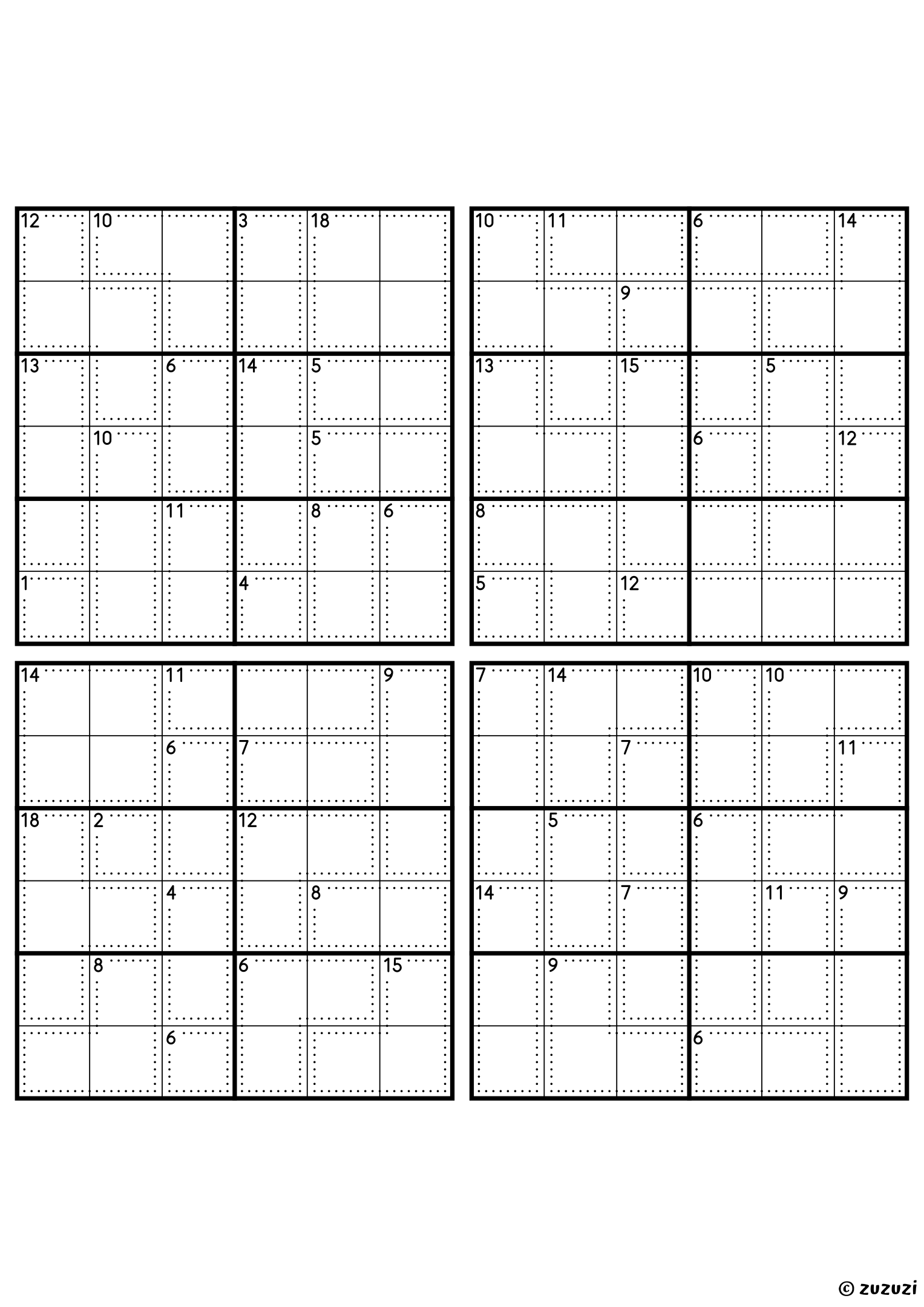 Four intermediate 6x6 killer sudoku grids with no given numbers, only dotted cages and their sums. Digits 1 to 6, 4 puzzles per page. Variant 7.