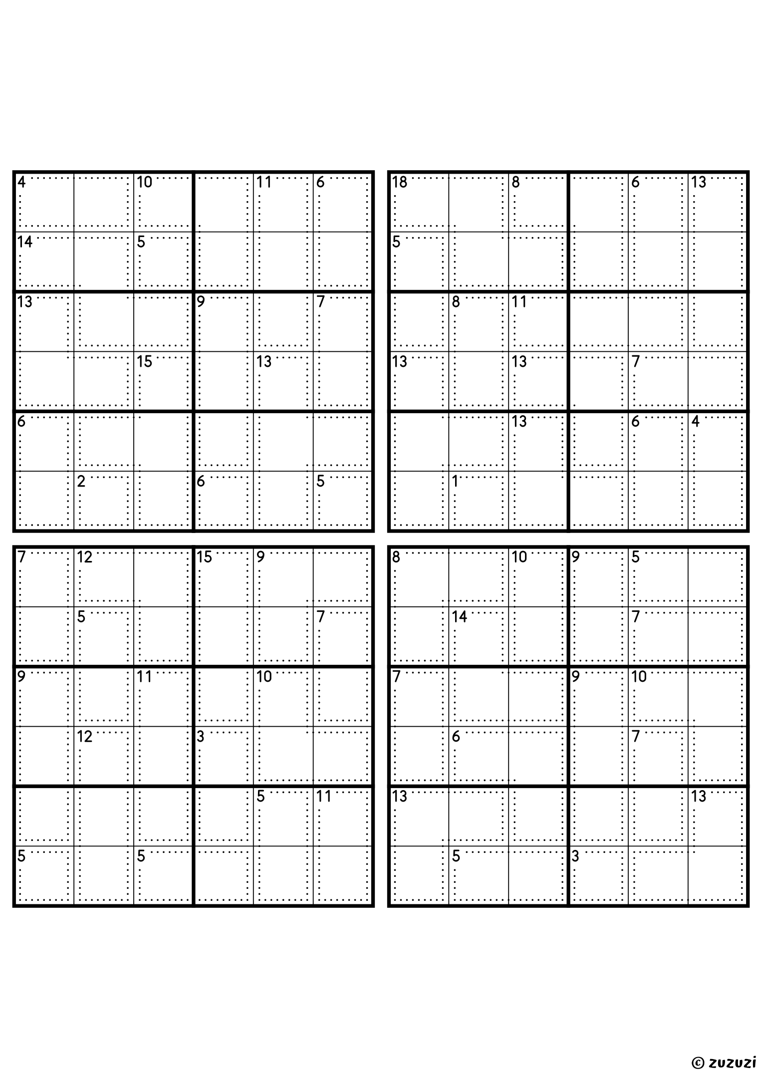 Four intermediate 6x6 killer sudoku grids with no given numbers, only dotted cages and their sums. Digits 1 to 6, 4 puzzles per page. Variant 8.
