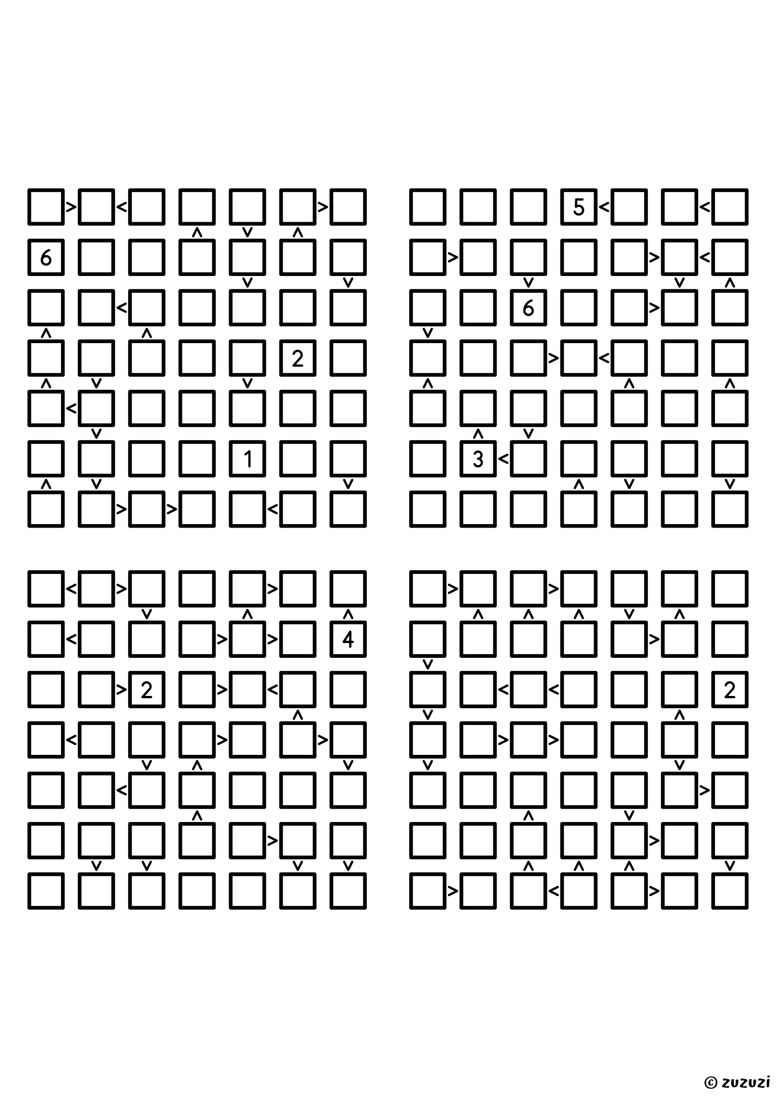 Four expert 7x7 futoshiki grids with inequality signs between neighboring cells. Digits 1 to 7, 4 puzzles per page. Variant 1.