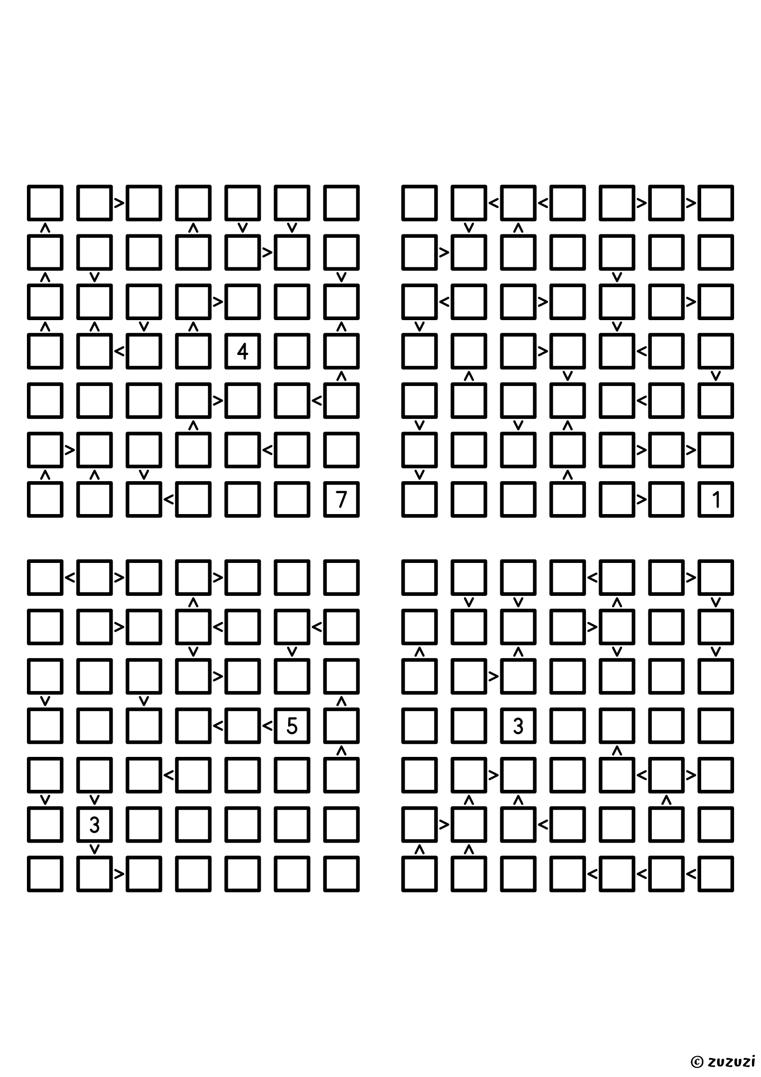 Four expert 7x7 futoshiki grids with inequality signs between neighboring cells. Digits 1 to 7, 4 puzzles per page. Variant 2.