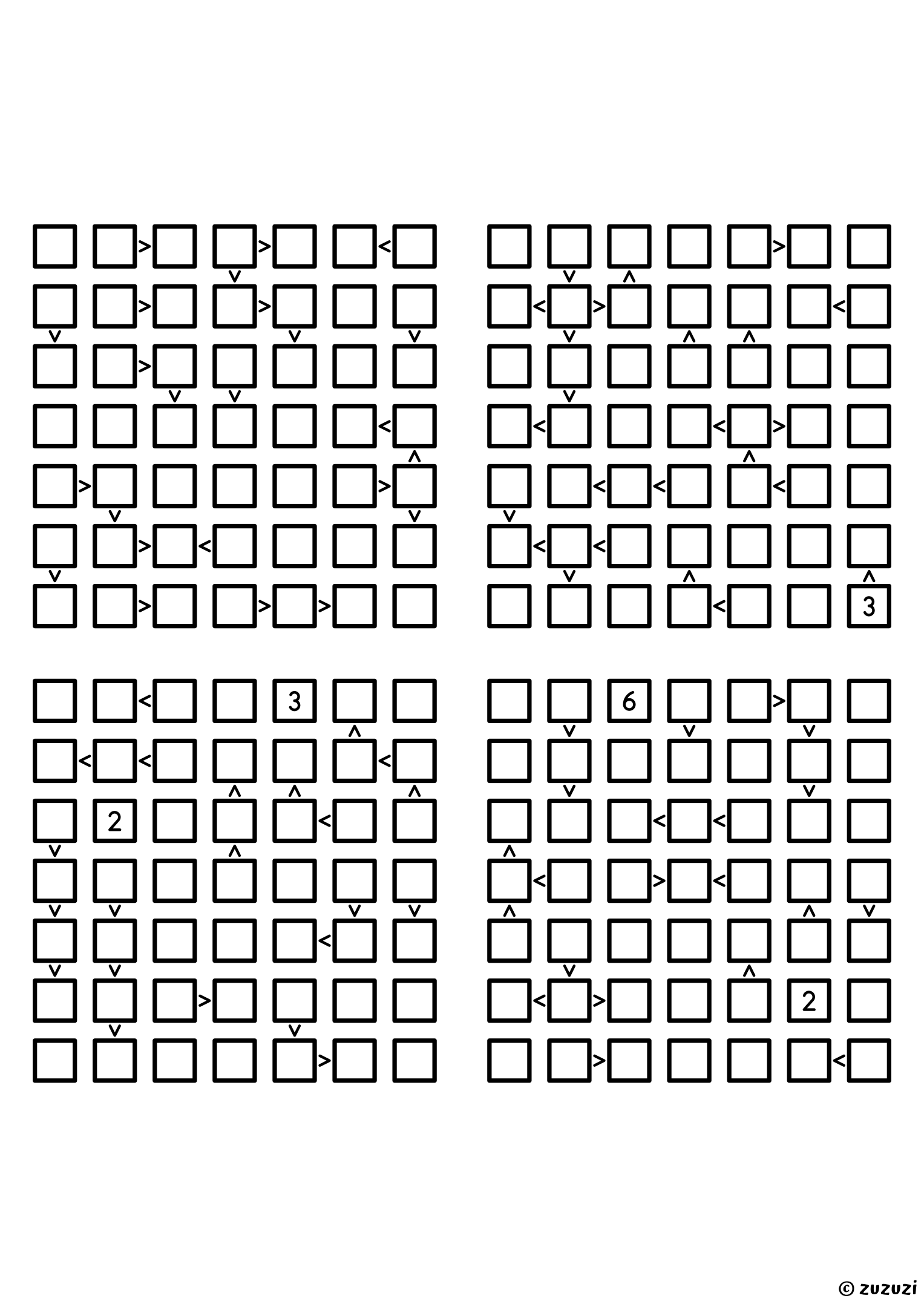 Four expert 7x7 futoshiki grids with inequality signs between neighboring cells. Digits 1 to 7, 4 puzzles per page. Variant 3.