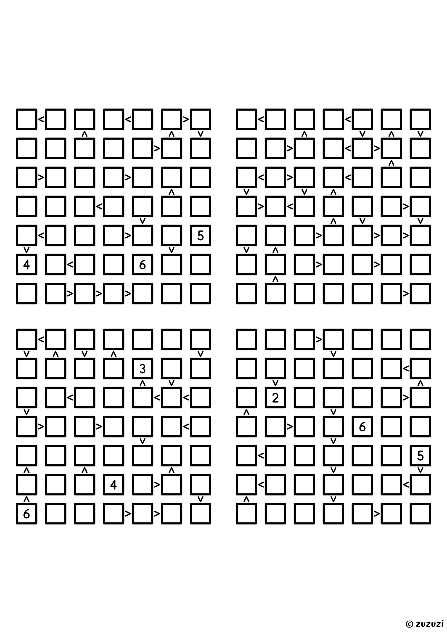 Four expert 7x7 futoshiki grids with inequality signs between neighboring cells. Digits 1 to 7, 4 puzzles per page. Variant 4.