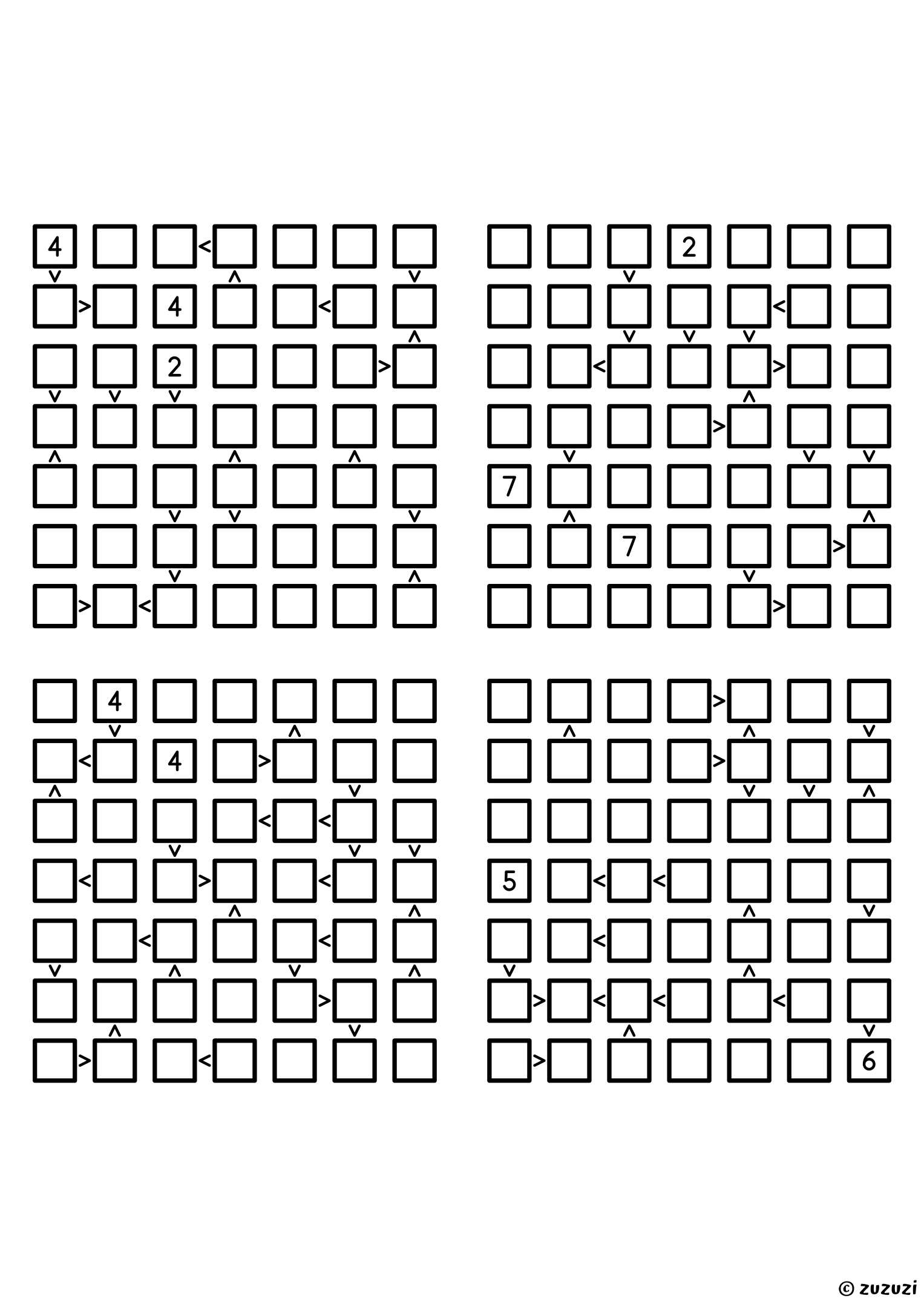 Four expert 7x7 futoshiki grids with inequality signs between neighboring cells. Digits 1 to 7, 4 puzzles per page. Variant 5.