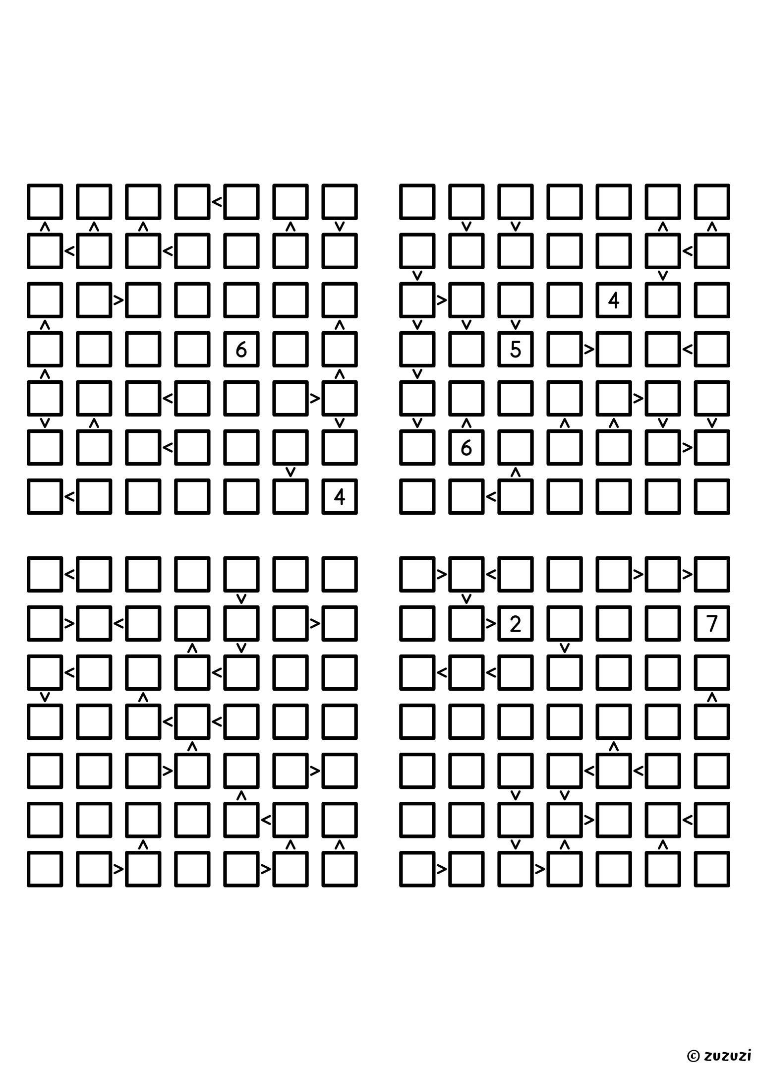 Four expert 7x7 futoshiki grids with inequality signs between neighboring cells. Digits 1 to 7, 4 puzzles per page. Variant 6.