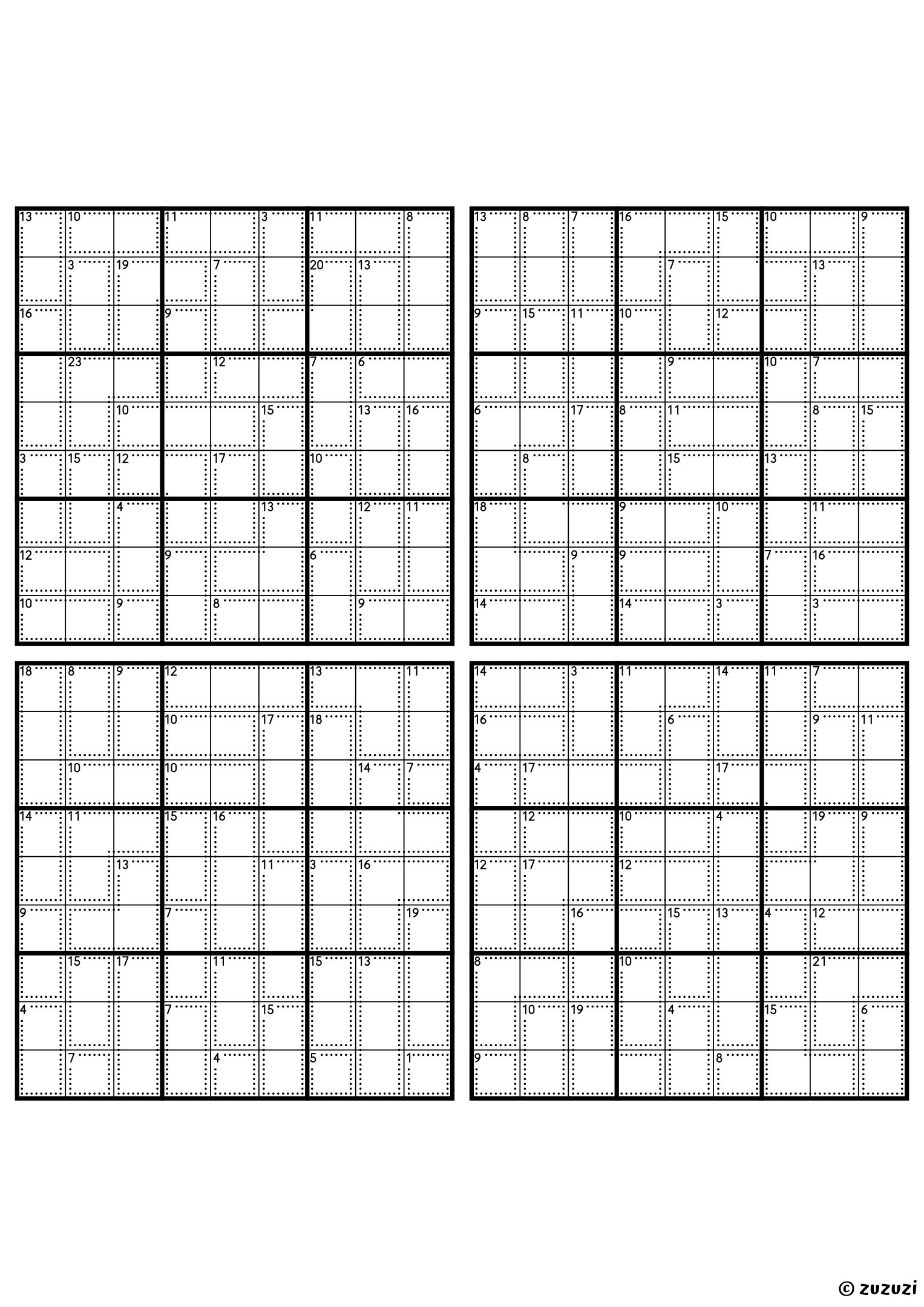 Four classic 9x9 killer sudoku grids with no given numbers, only dotted cages and their sums. Digits 1 to 9, 4 puzzles per page. Variant 1.