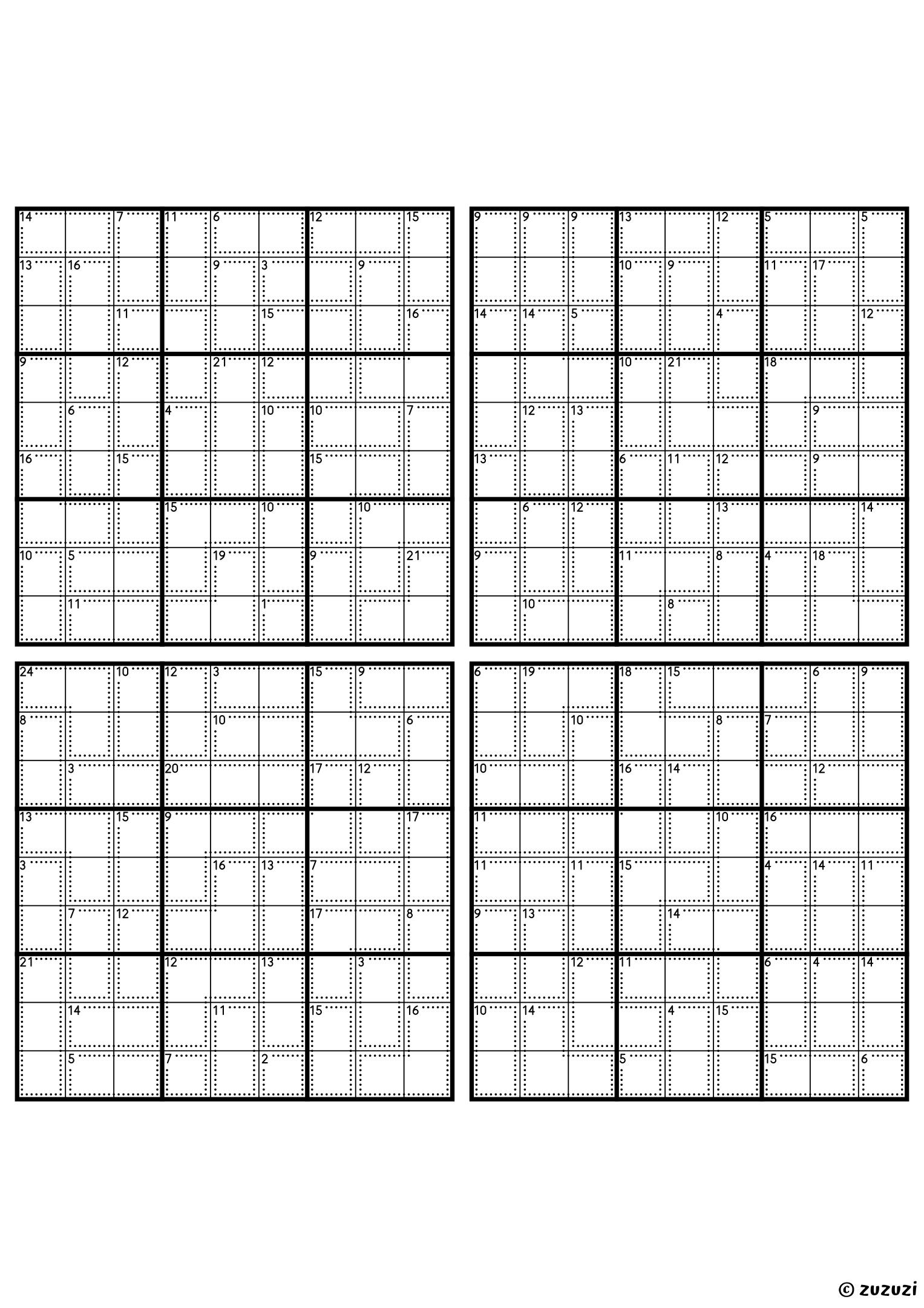 Four classic 9x9 killer sudoku grids with no given numbers, only dotted cages and their sums. Digits 1 to 9, 4 puzzles per page. Variant 2.