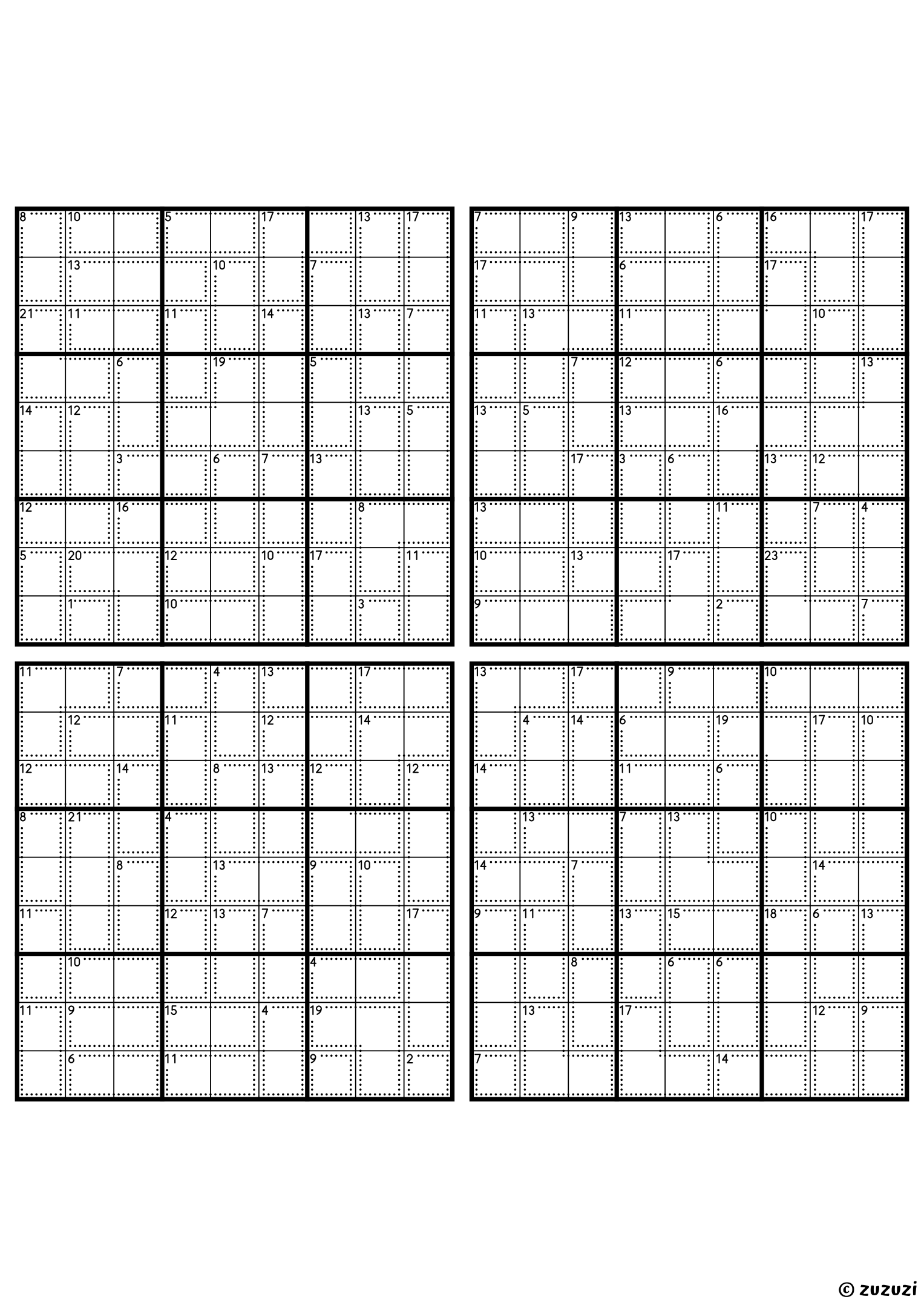 Four classic 9x9 killer sudoku grids with no given numbers, only dotted cages and their sums. Digits 1 to 9, 4 puzzles per page. Variant 3.