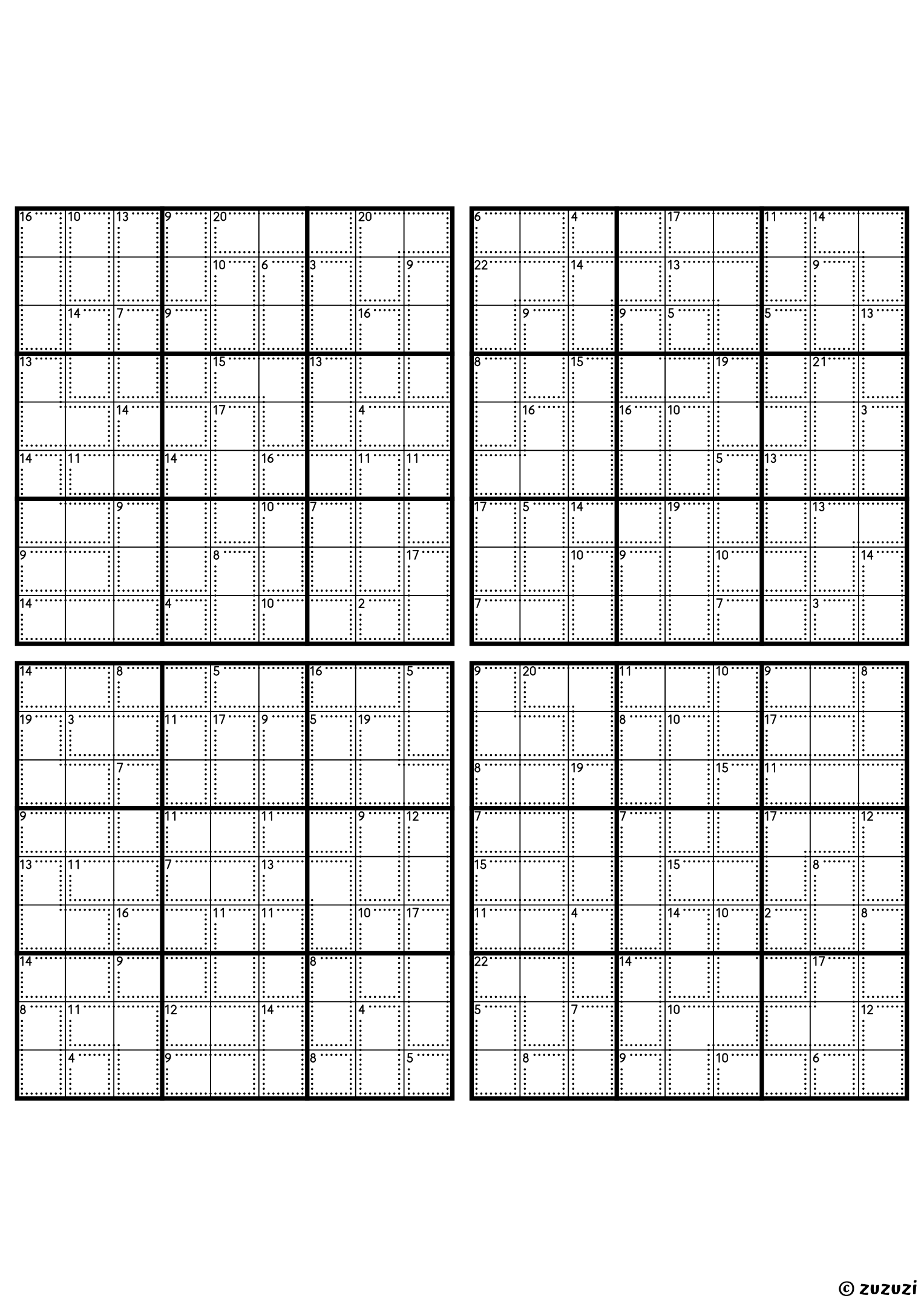 Four classic 9x9 killer sudoku grids with no given numbers, only dotted cages and their sums. Digits 1 to 9, 4 puzzles per page. Variant 4.