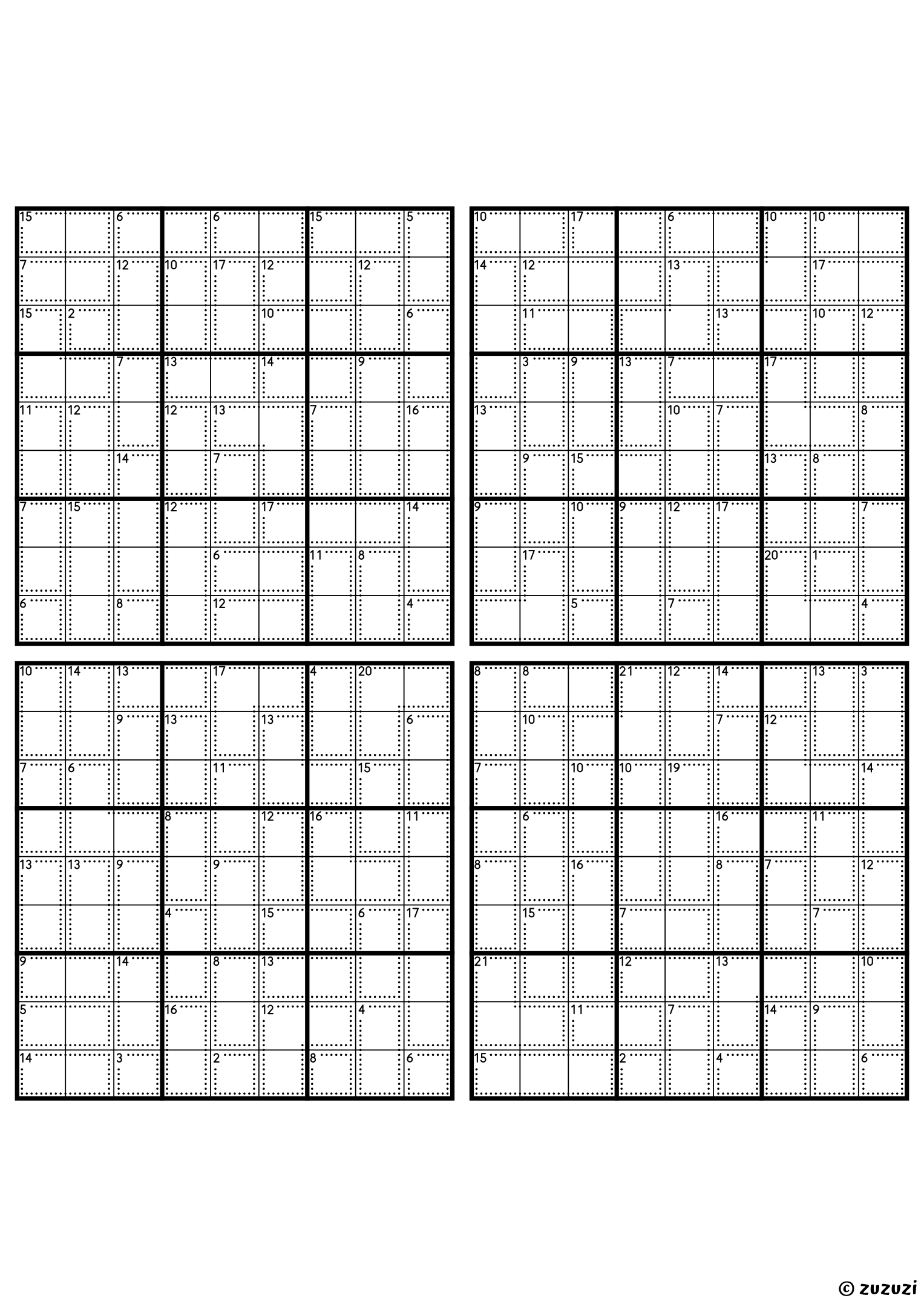 Four classic 9x9 killer sudoku grids with no given numbers, only dotted cages and their sums. Digits 1 to 9, 4 puzzles per page. Variant 5.