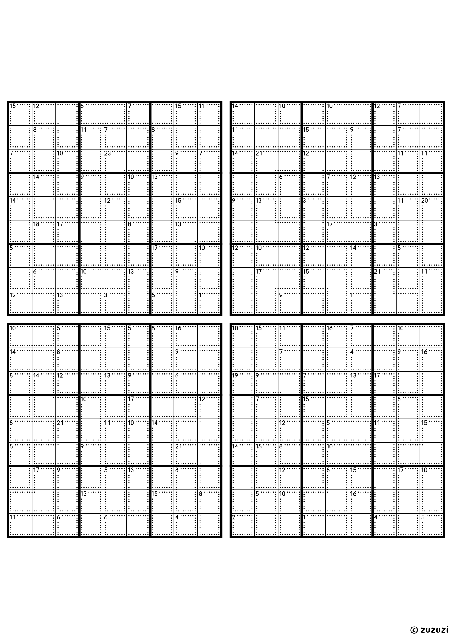 Four classic 9x9 killer sudoku grids with no given numbers, only dotted cages and their sums. Digits 1 to 9, 4 puzzles per page. Variant 6.