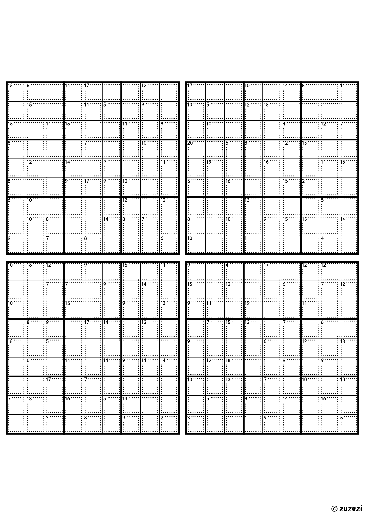 Four classic 9x9 killer sudoku grids with no given numbers, only dotted cages and their sums. Digits 1 to 9, 4 puzzles per page. Variant 7.