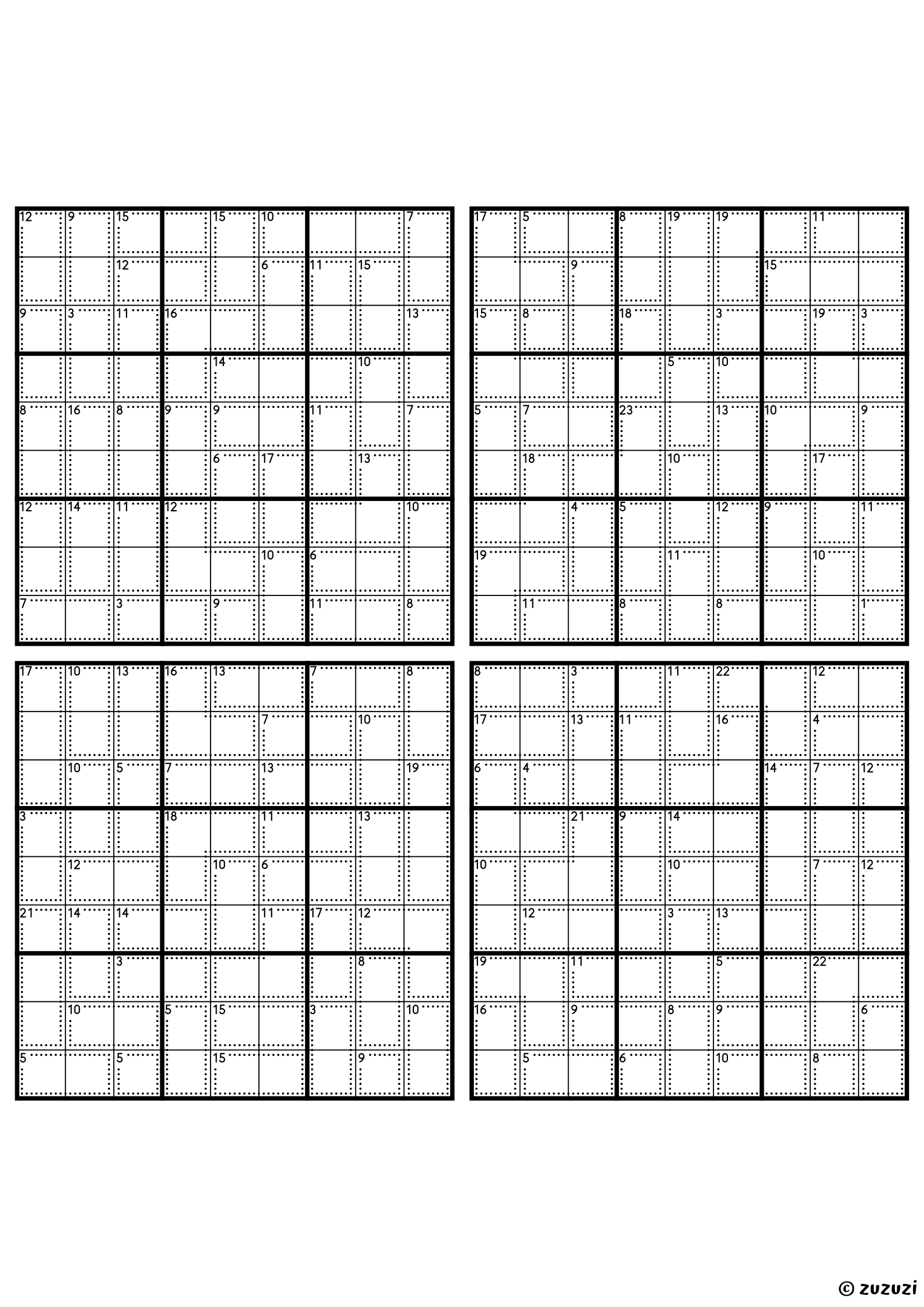 Four classic 9x9 killer sudoku grids with no given numbers, only dotted cages and their sums. Digits 1 to 9, 4 puzzles per page. Variant 8.
