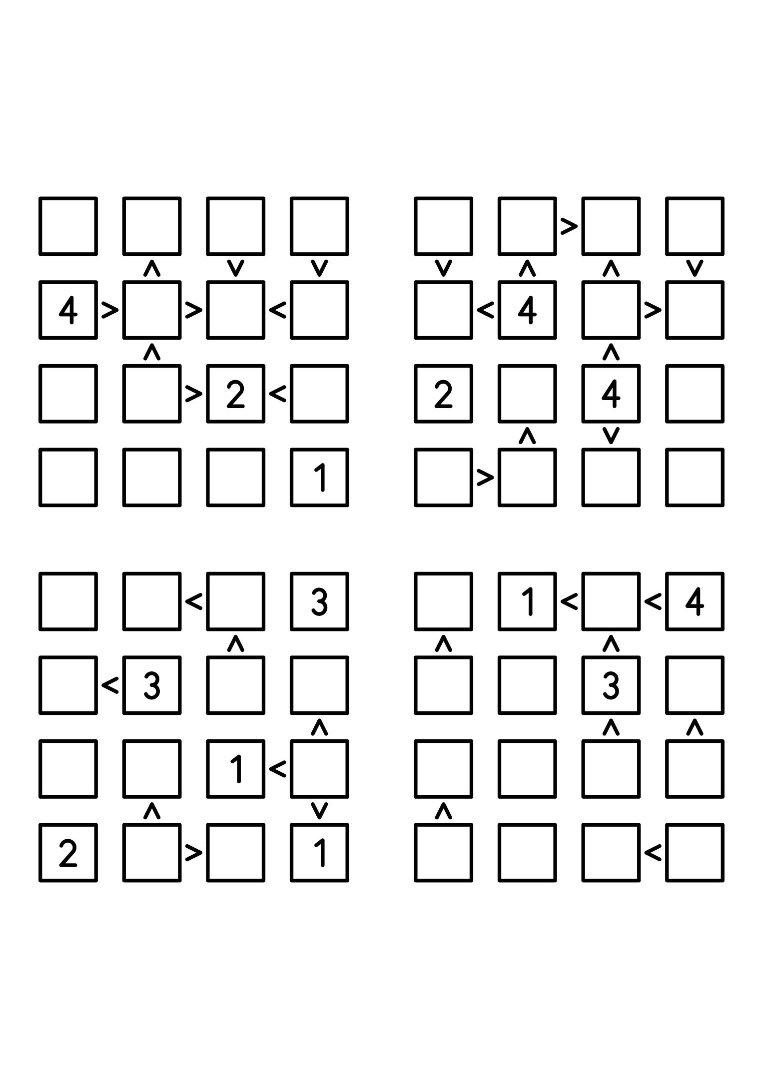 Four easy 4x4 futoshiki grids, each with extra given digits and signs. Level: Easy, 4 puzzles per page. Variant 1.