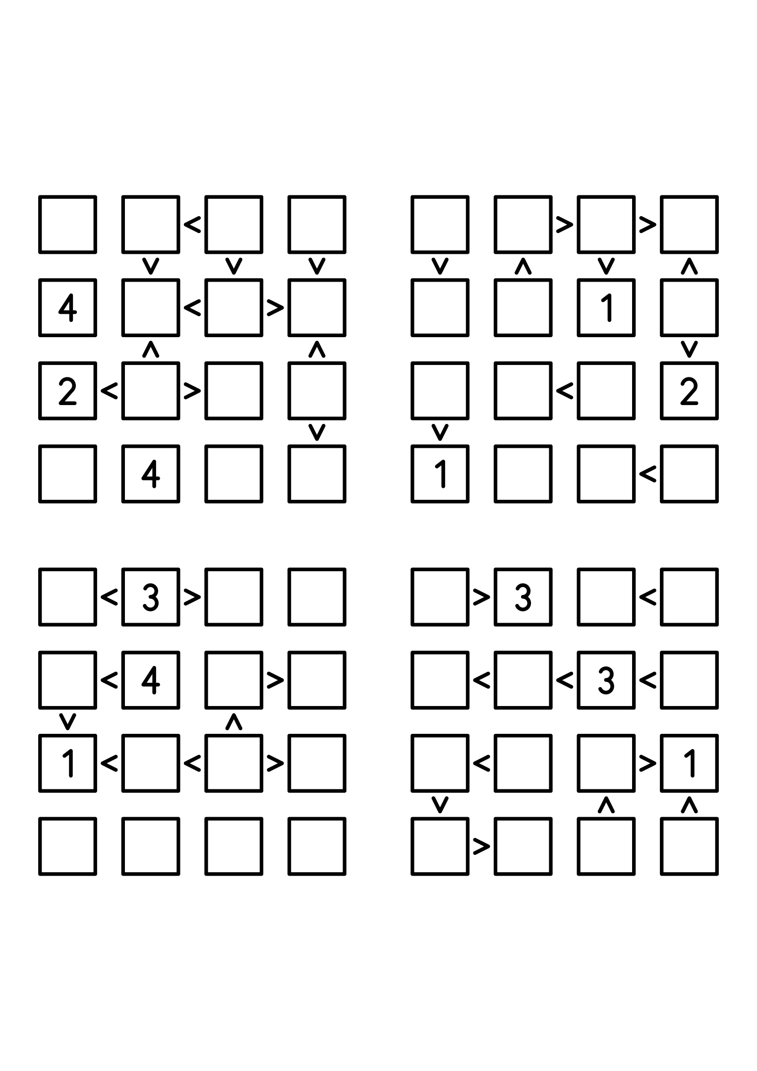 Four easy 4x4 futoshiki grids, each with extra given digits and signs. Level: Easy, 4 puzzles per page. Variant 2.