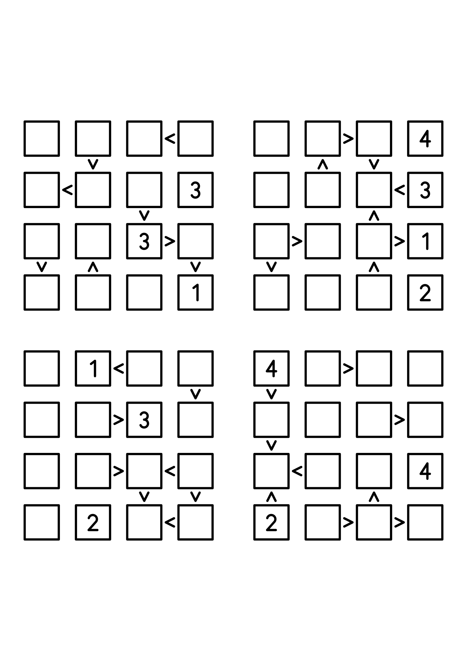 Four easy 4x4 futoshiki grids, each with extra given digits and signs. Level: Easy, 4 puzzles per page. Variant 3.
