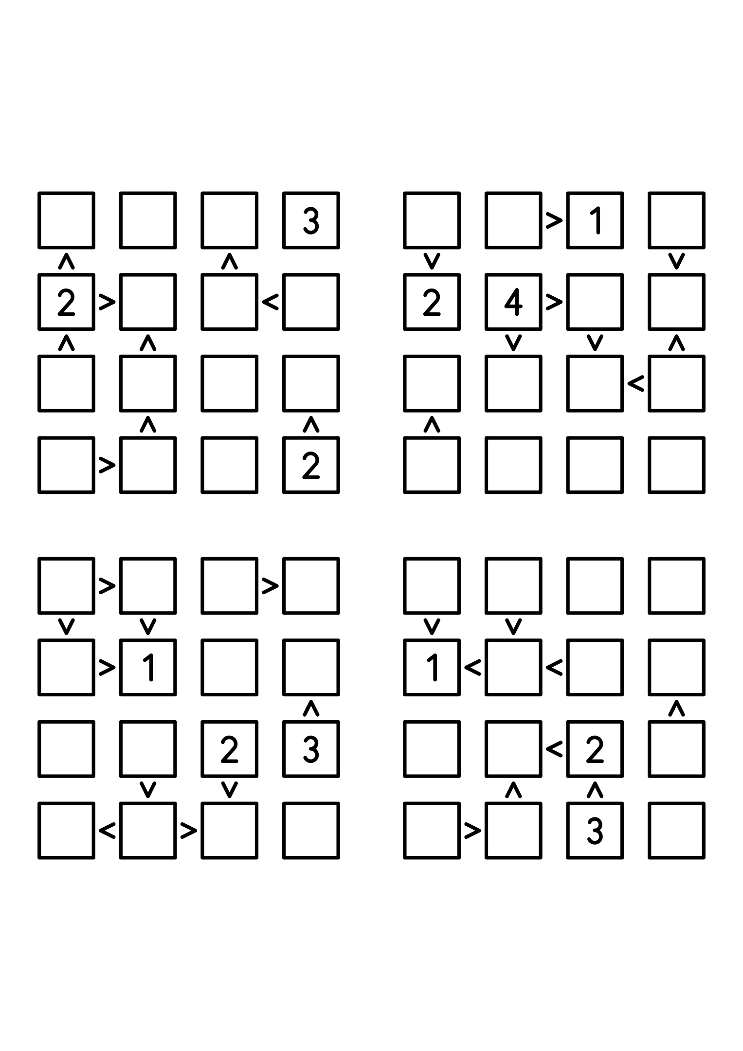 Four easy 4x4 futoshiki grids, each with extra given digits and signs. Level: Easy, 4 puzzles per page. Variant 4.