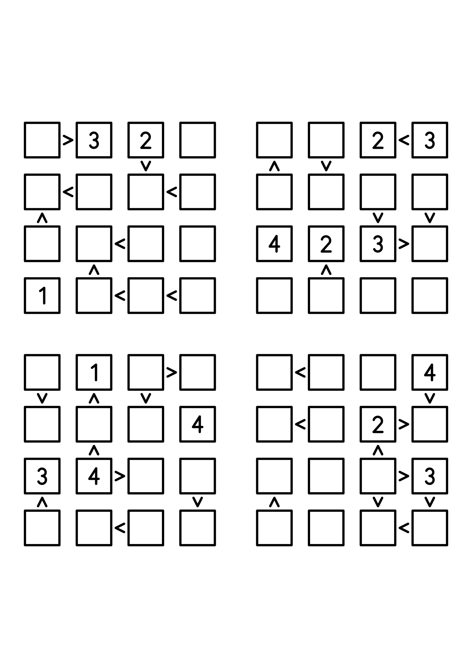 Four easy 4x4 futoshiki grids, each with extra given digits and signs. Level: Easy, 4 puzzles per page. Variant 5.