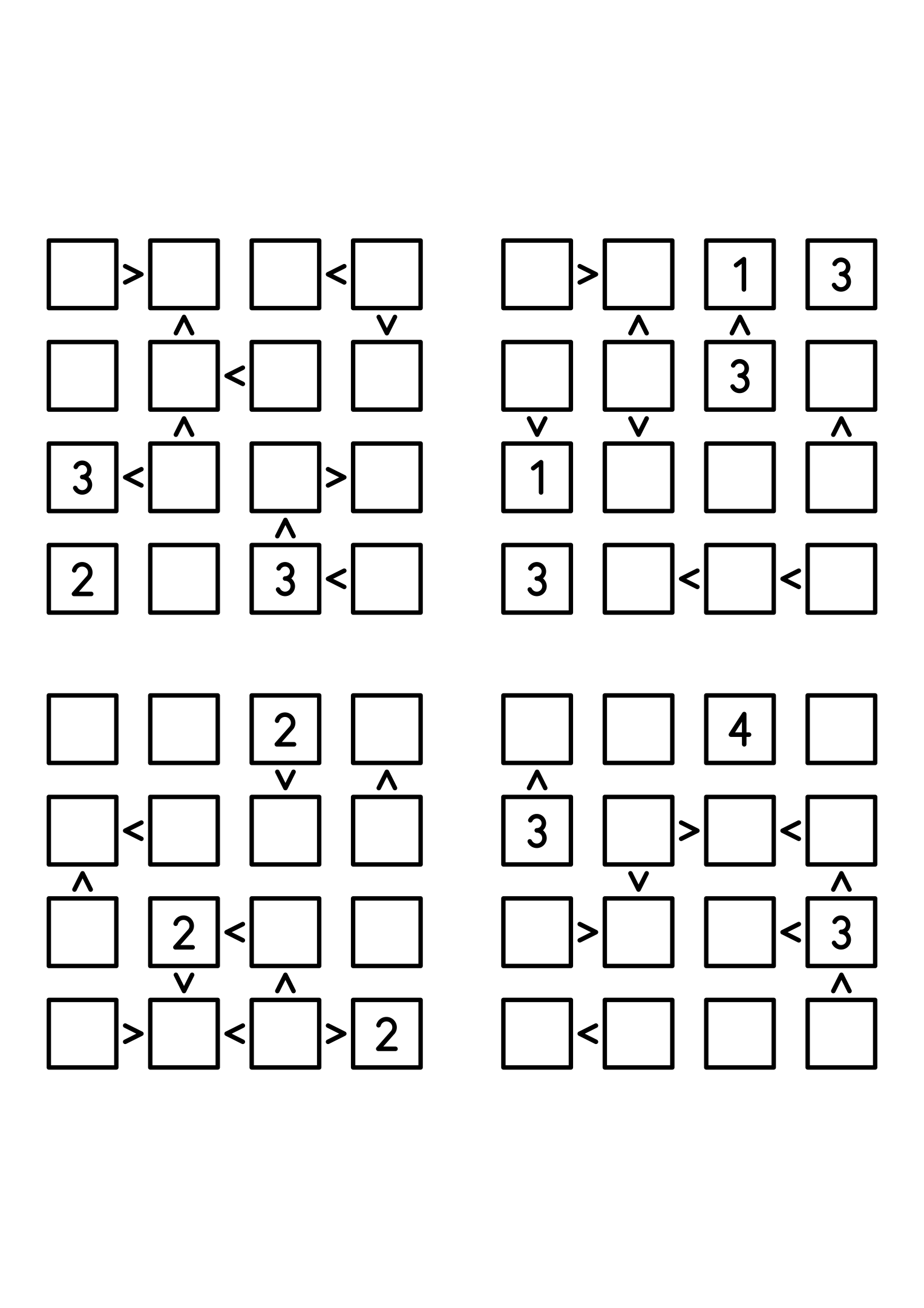 Four easy 4x4 futoshiki grids, each with extra given digits and signs. Level: Easy, 4 puzzles per page. Variant 6.