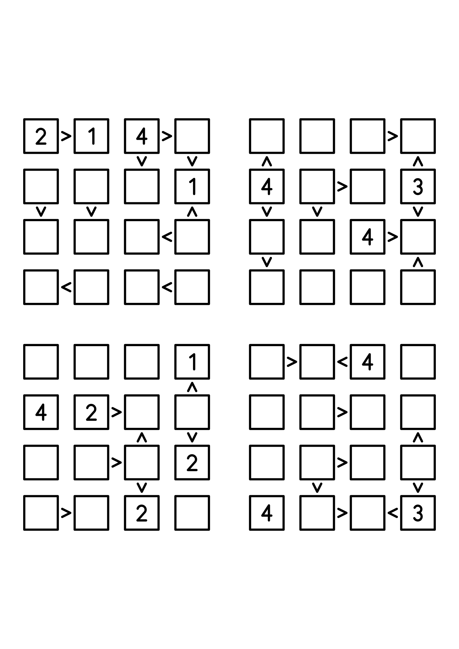 Four easy 4x4 futoshiki grids, each with extra given digits and signs. Level: Easy, 4 puzzles per page. Variant 7.