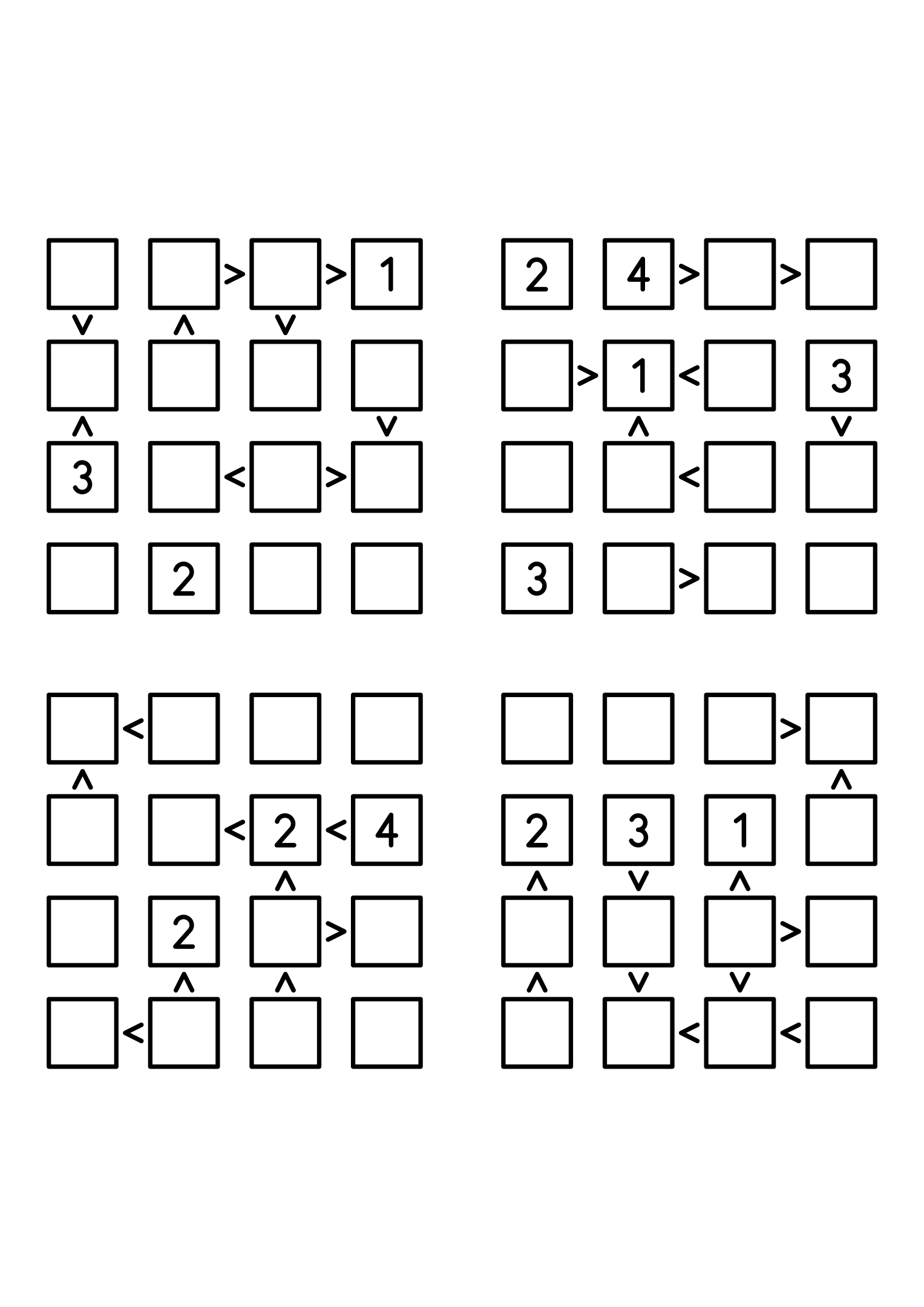 Four easy 4x4 futoshiki grids, each with extra given digits and signs. Level: Easy, 4 puzzles per page. Variant 8.