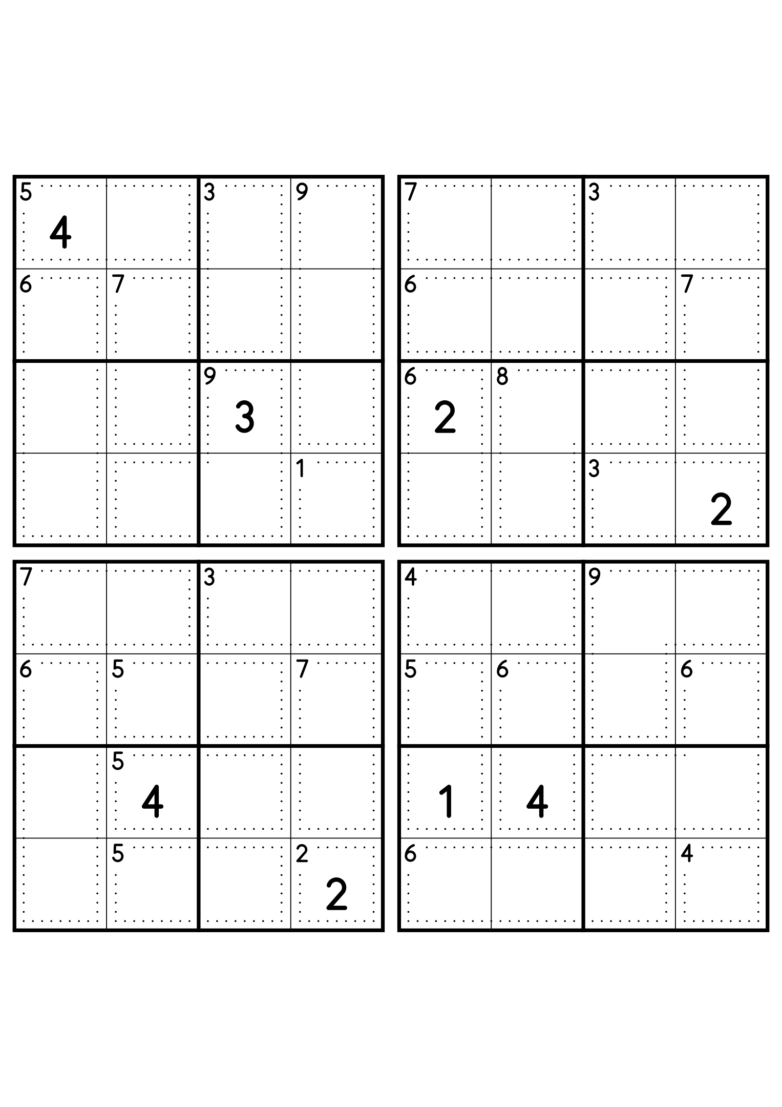 Four easy 4x4 killer sudoku grids, each with small cages and two given digits. Level: Easy, 4 puzzles per page. Variant 1.