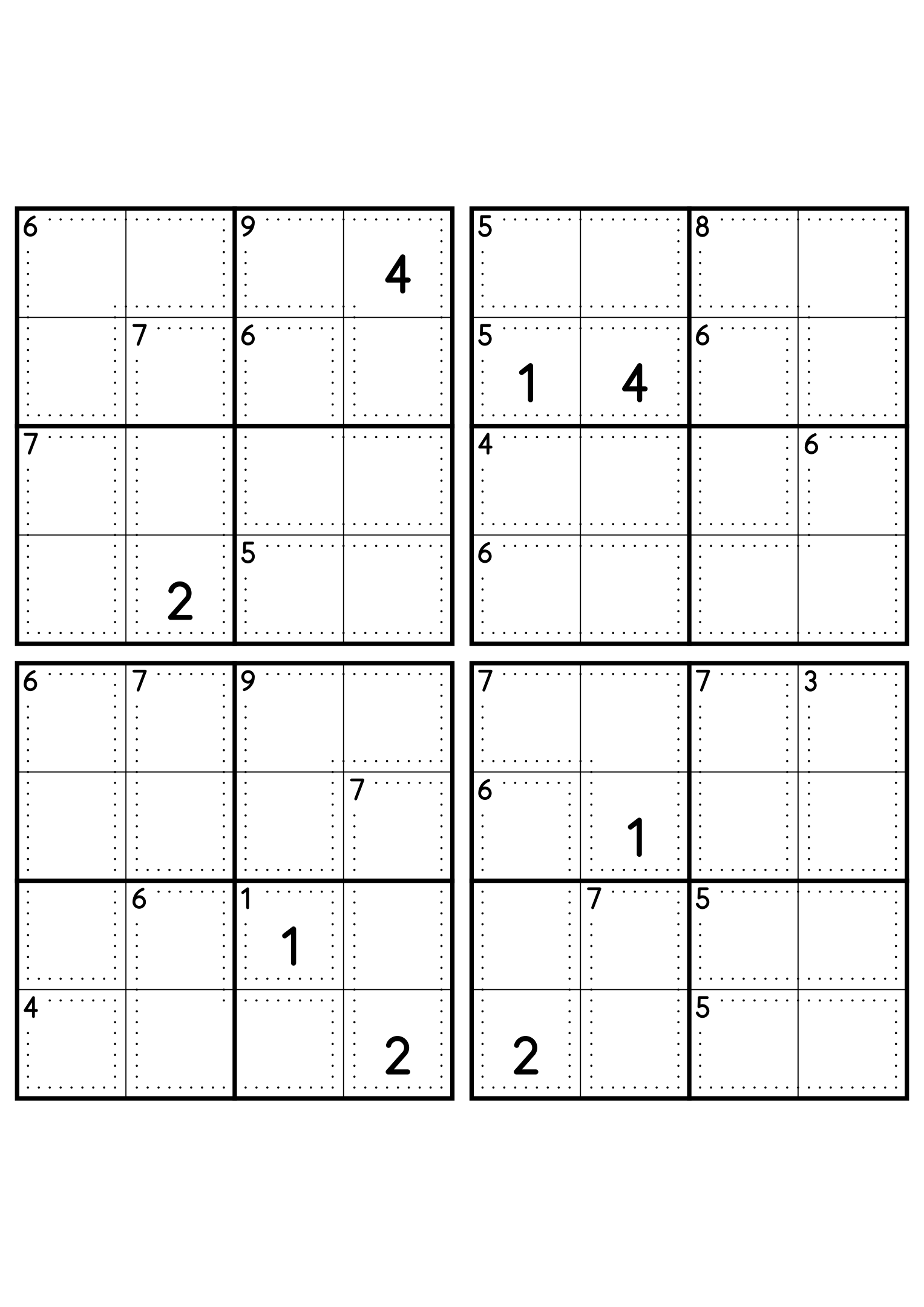 Four easy 4x4 killer sudoku grids, each with small cages and two given digits. Level: Easy, 4 puzzles per page. Variant 2.