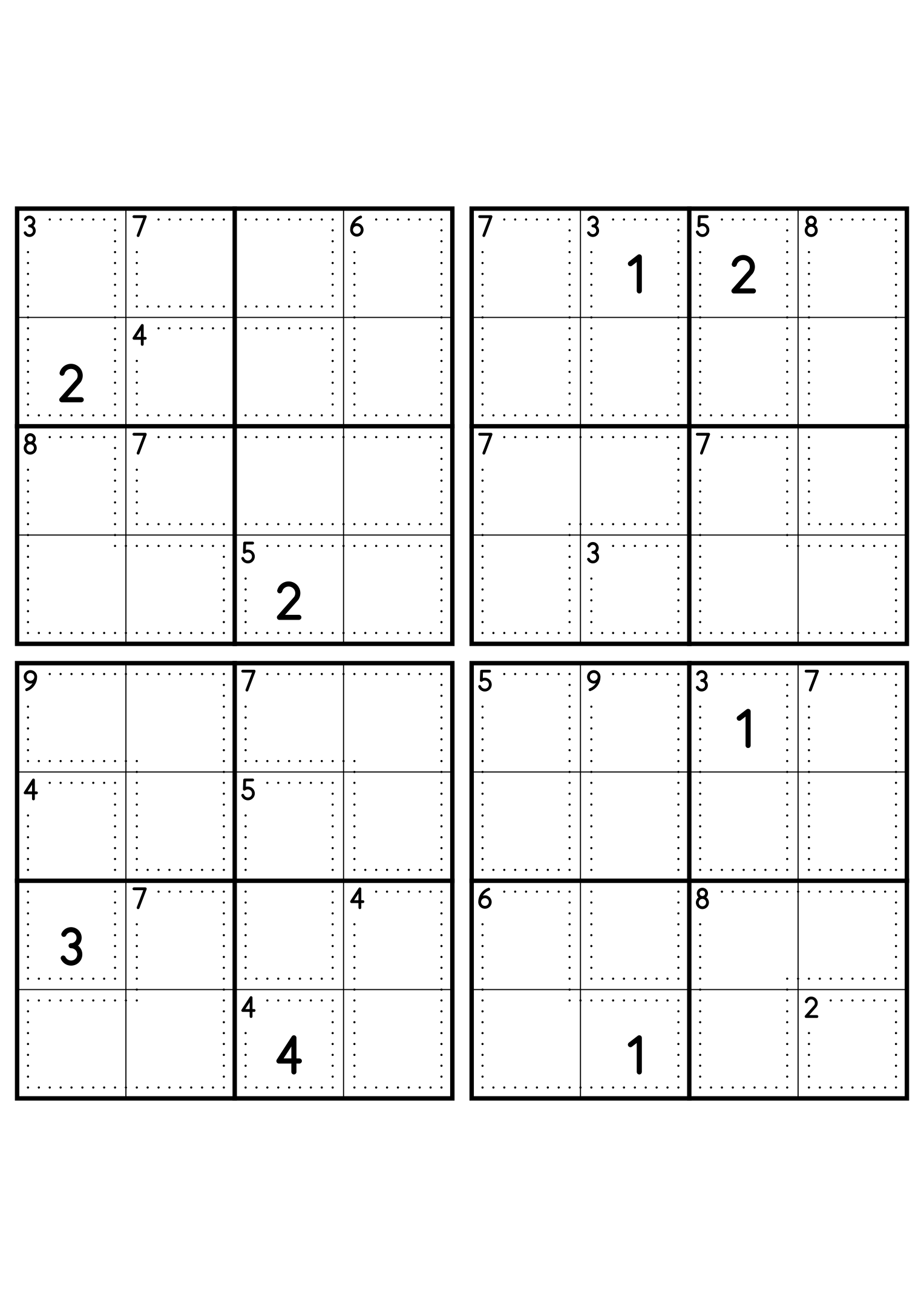 Four easy 4x4 killer sudoku grids, each with small cages and two given digits. Level: Easy, 4 puzzles per page. Variant 3.