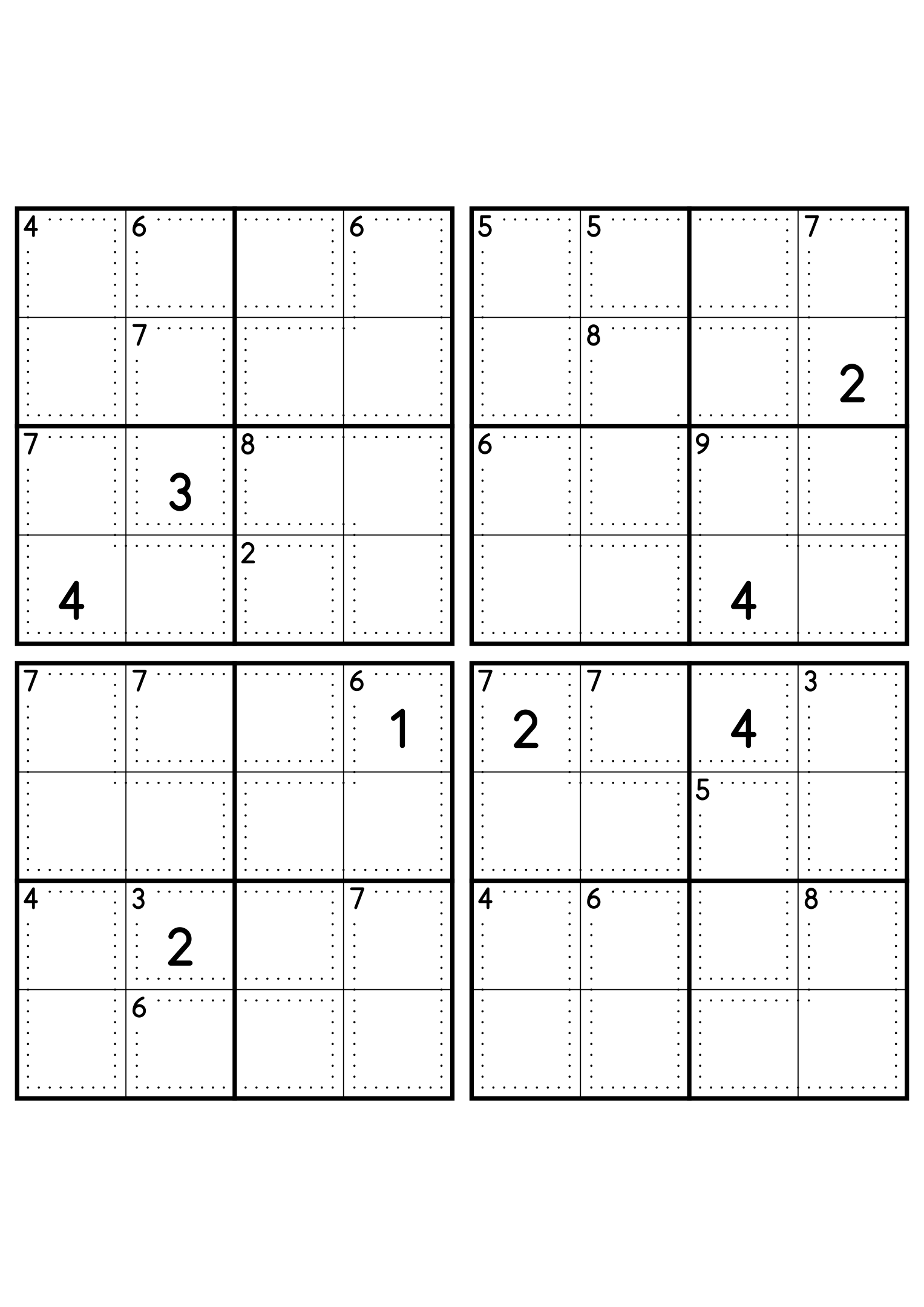 Four easy 4x4 killer sudoku grids, each with small cages and two given digits. Level: Easy, 4 puzzles per page. Variant 4.
