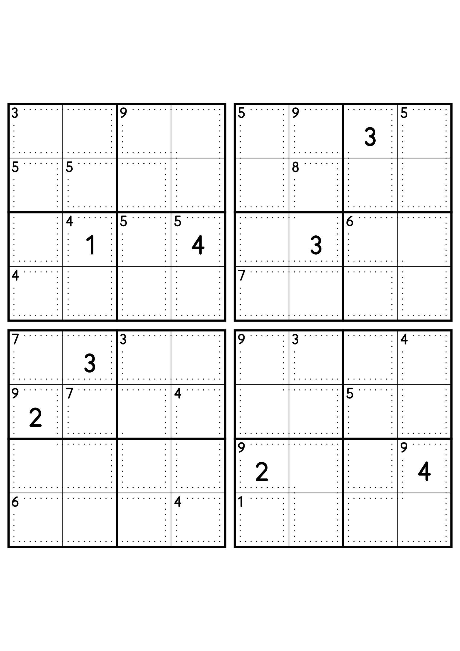 Four easy 4x4 killer sudoku grids, each with small cages and two given digits. Level: Easy, 4 puzzles per page. Variant 5.
