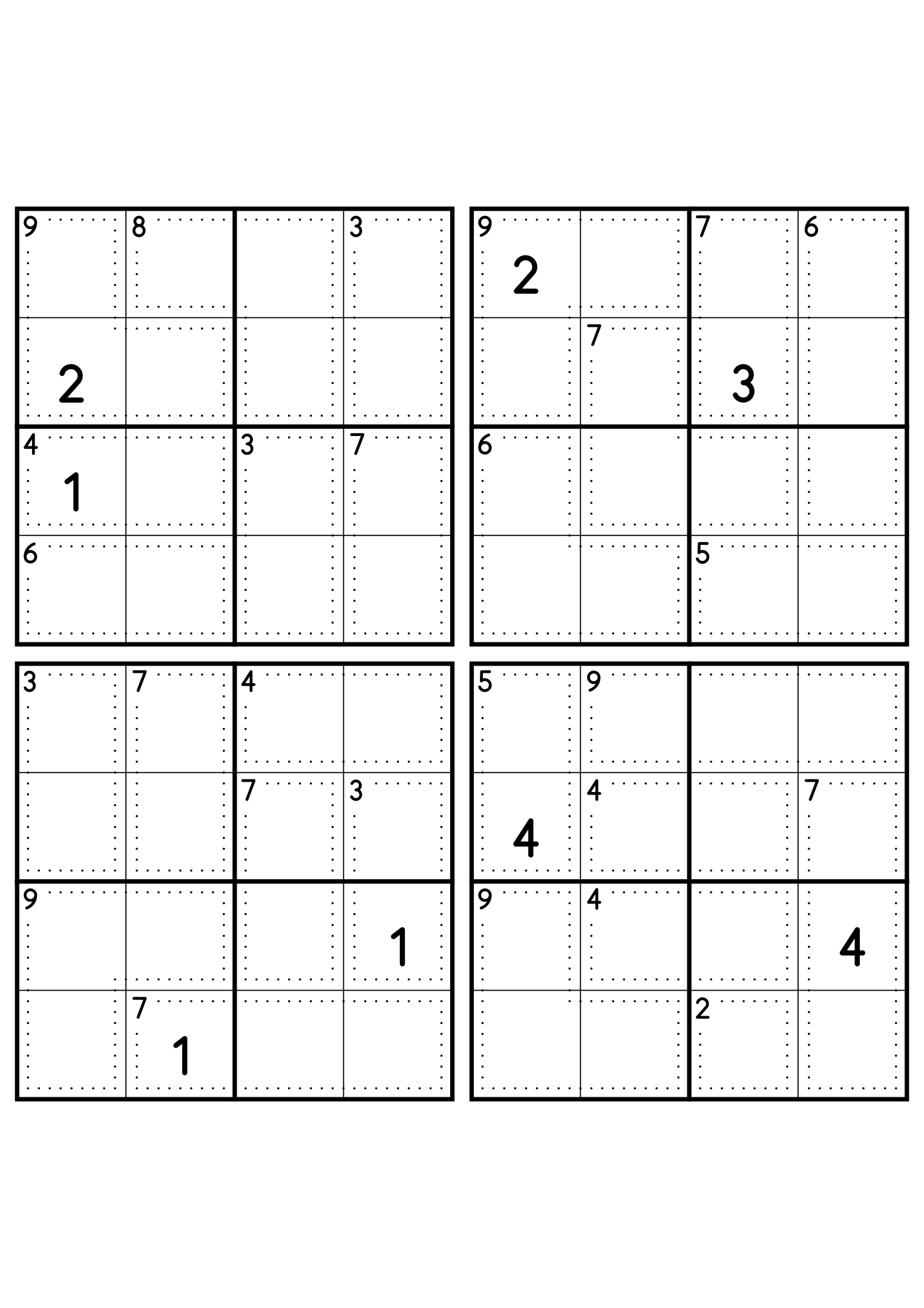 Four easy 4x4 killer sudoku grids, each with small cages and two given digits. Level: Easy, 4 puzzles per page. Variant 6.
