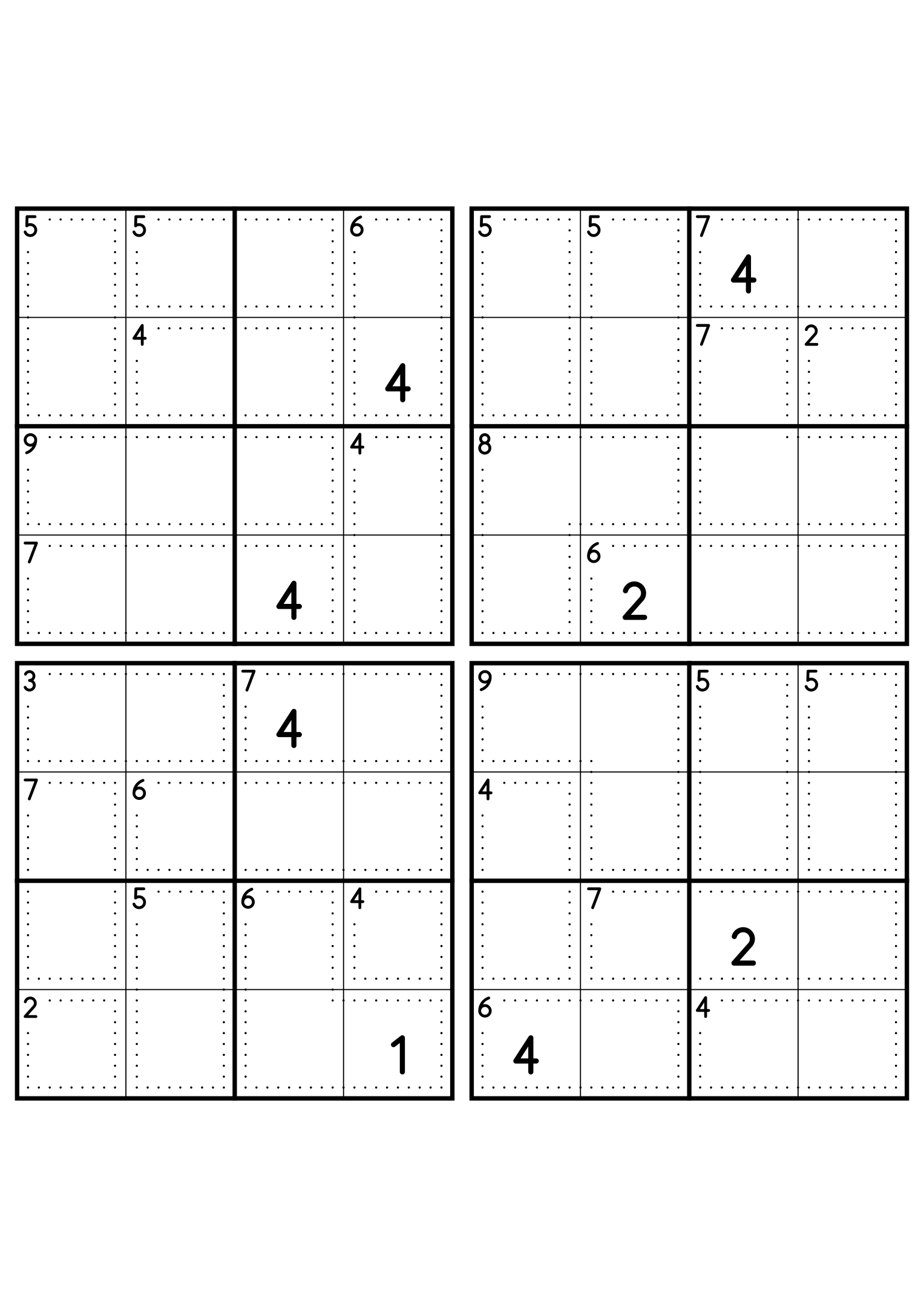 Four easy 4x4 killer sudoku grids, each with small cages and two given digits. Level: Easy, 4 puzzles per page. Variant 7.