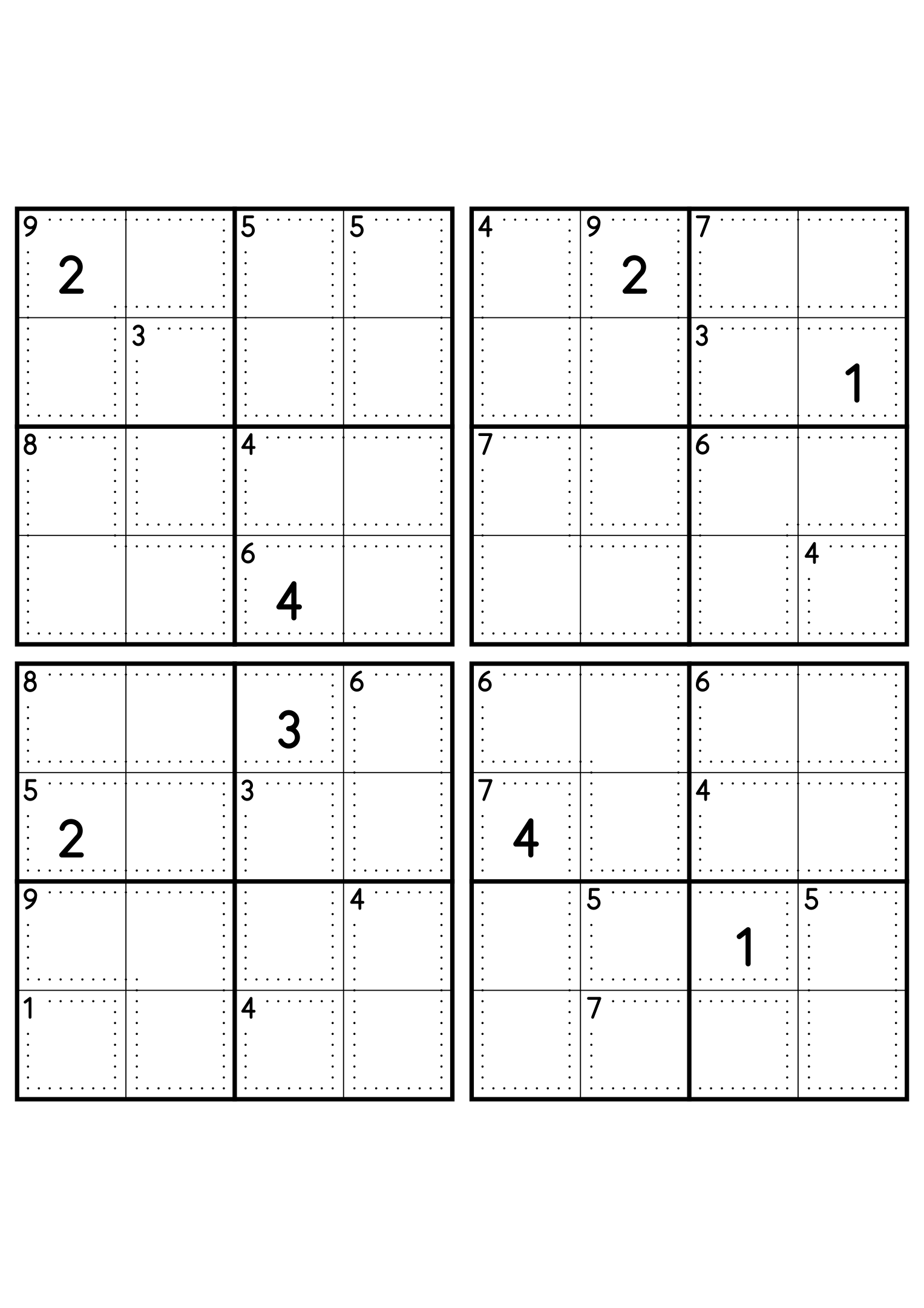 Four easy 4x4 killer sudoku grids, each with small cages and two given digits. Level: Easy, 4 puzzles per page. Variant 8.