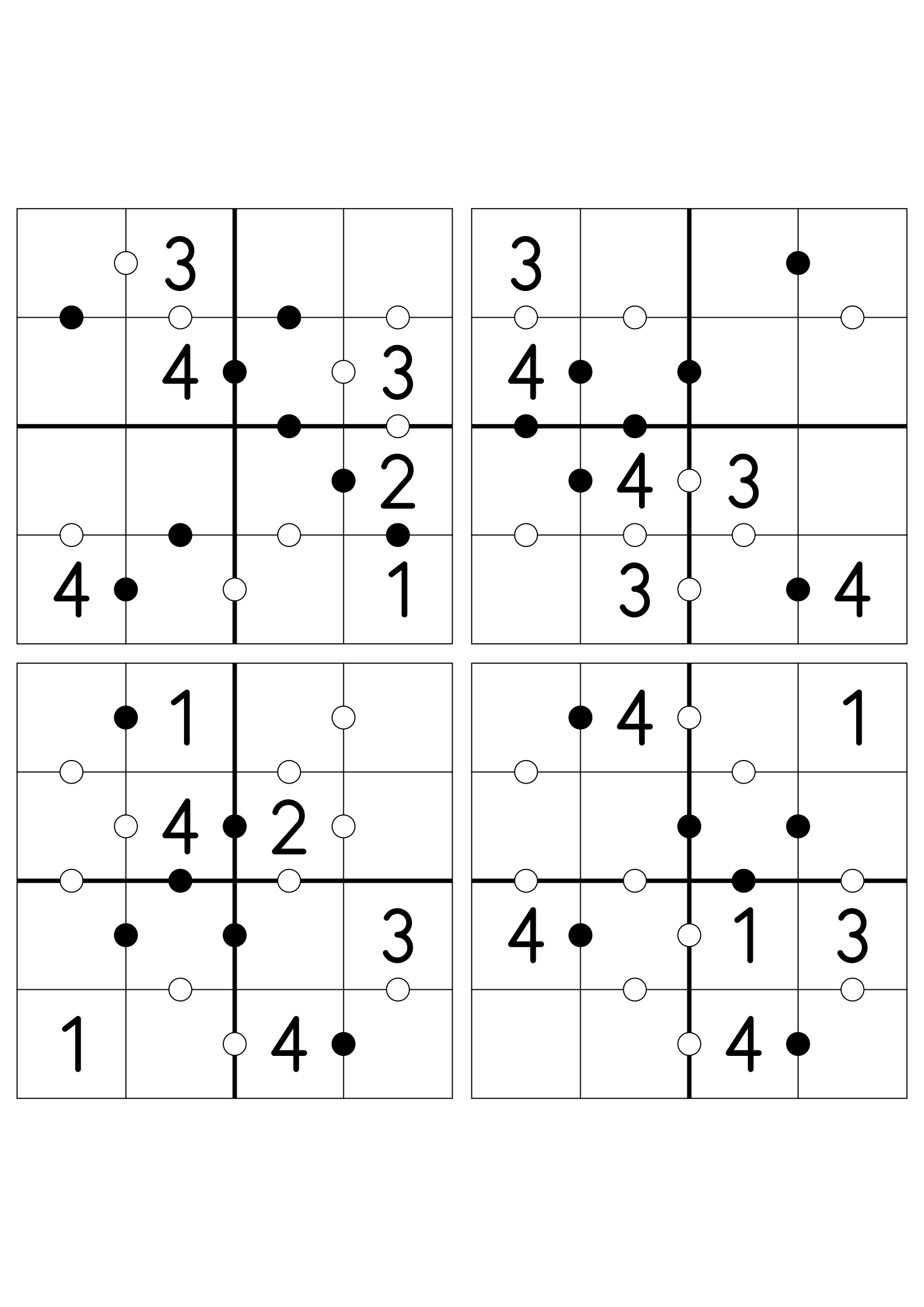 Four easy 4x4 Kropki grids, six digits given in each. Variant 1.