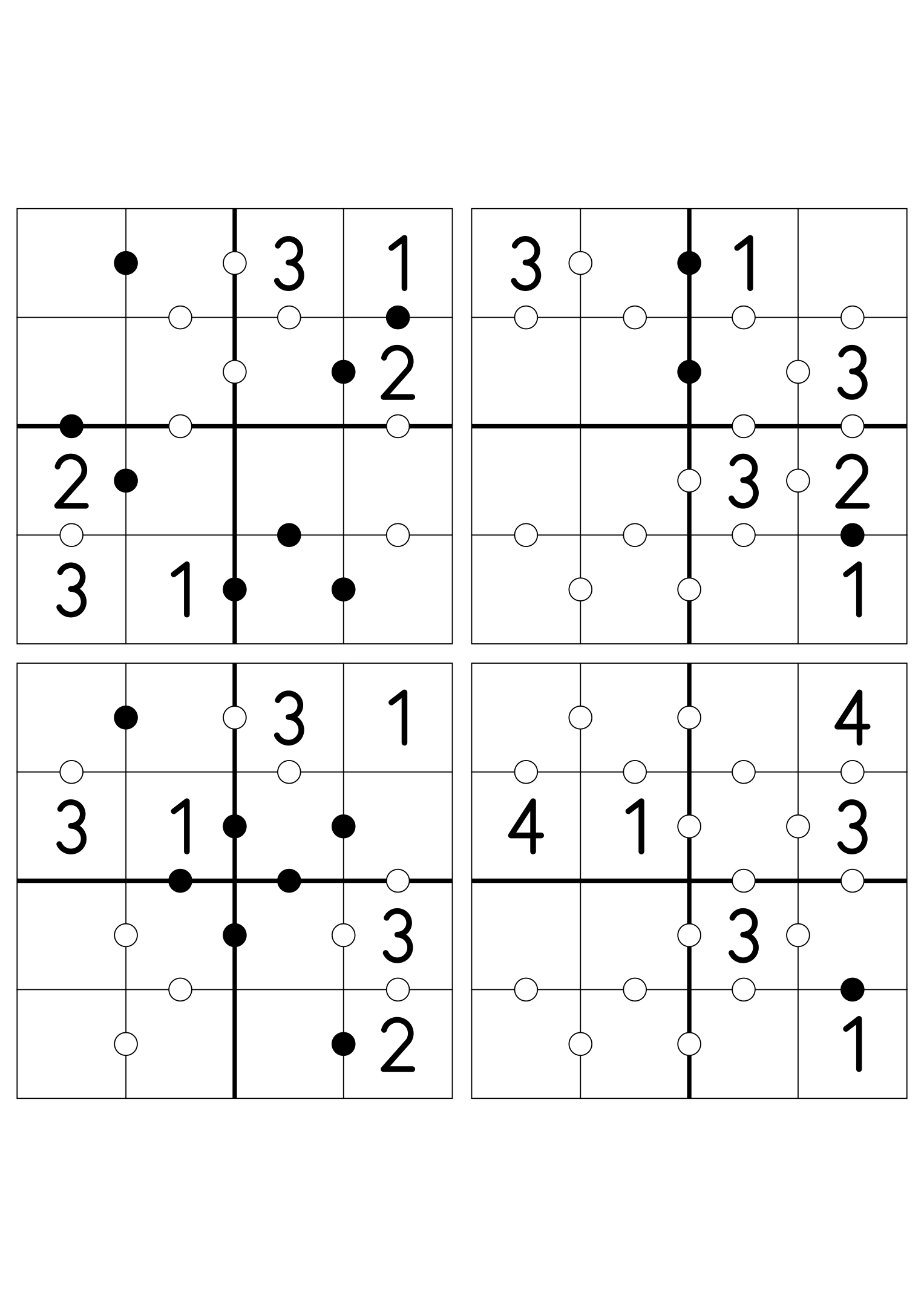 Four easy 4x4 Kropki grids, six digits given in each. Variant 2.
