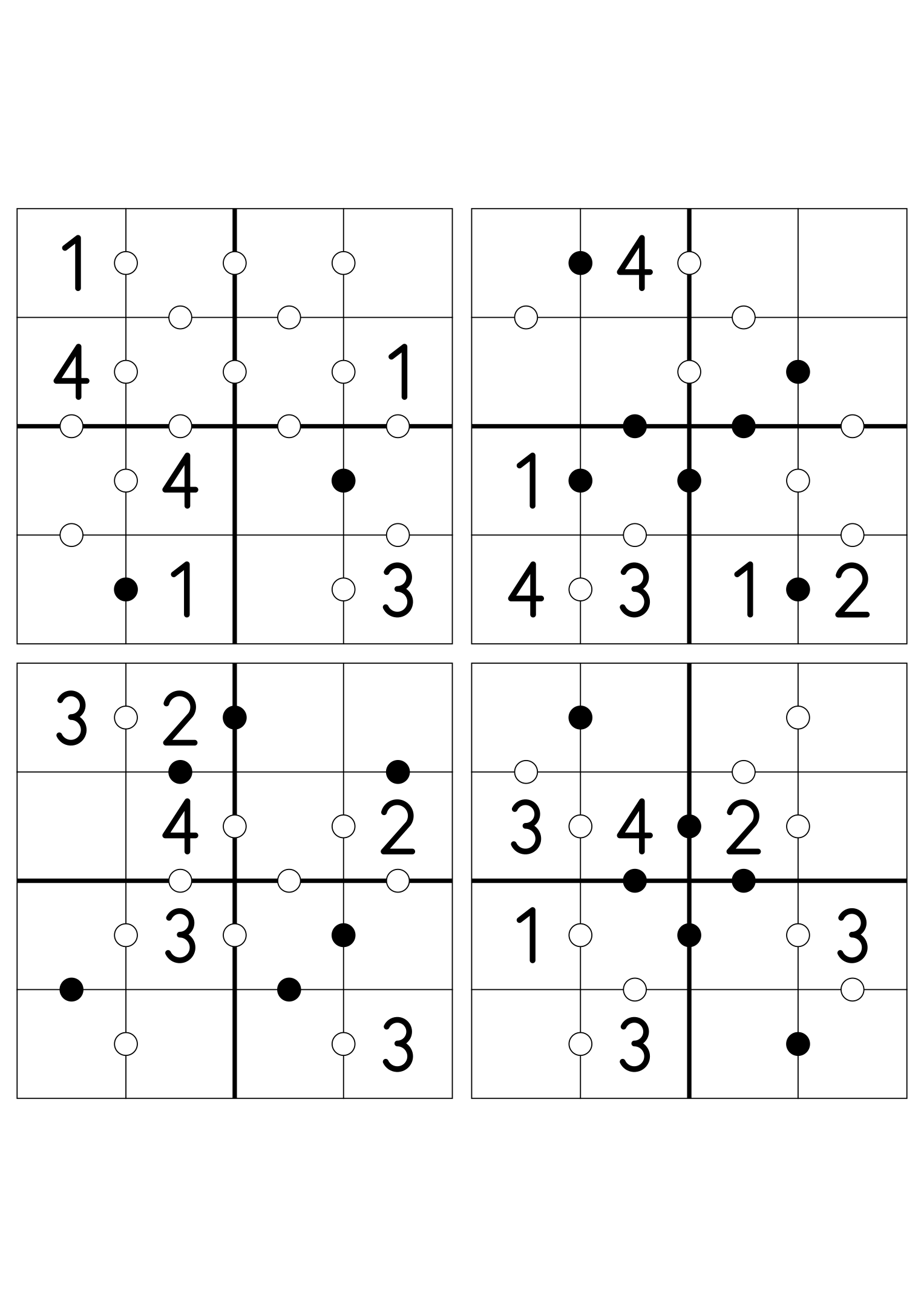 Four easy 4x4 Kropki grids, six digits given in each. Variant 3.