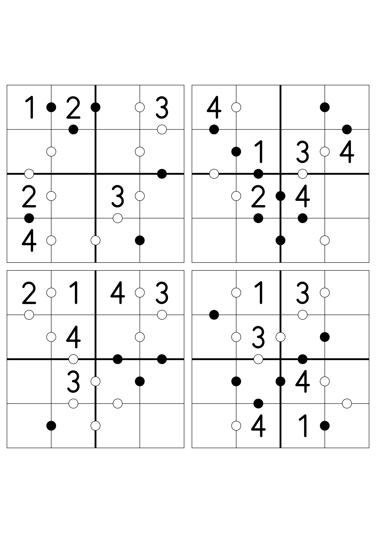 Four easy 4x4 Kropki grids, six digits given in each. Variant 4.