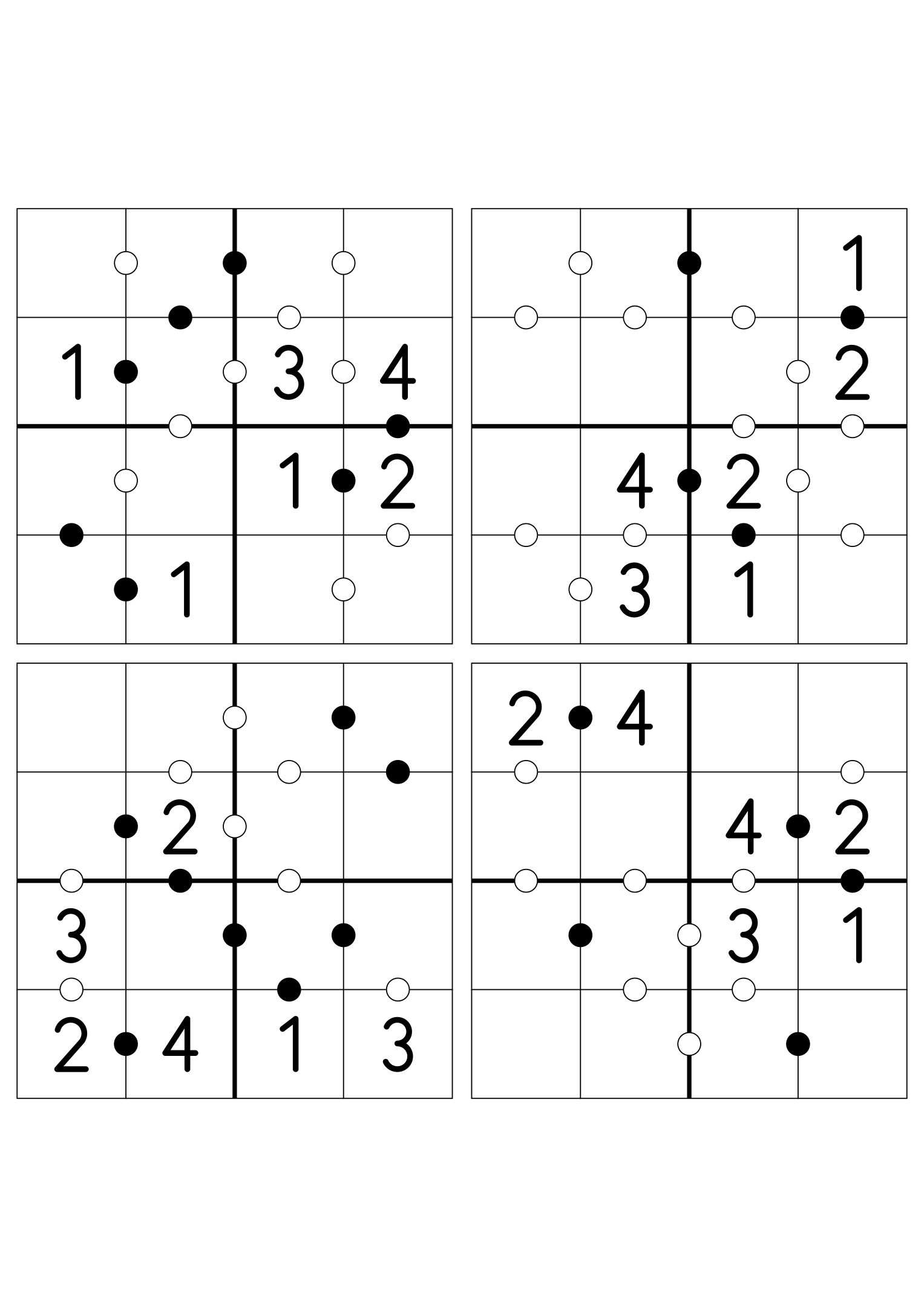 Four easy 4x4 Kropki grids, six digits given in each. Variant 5.