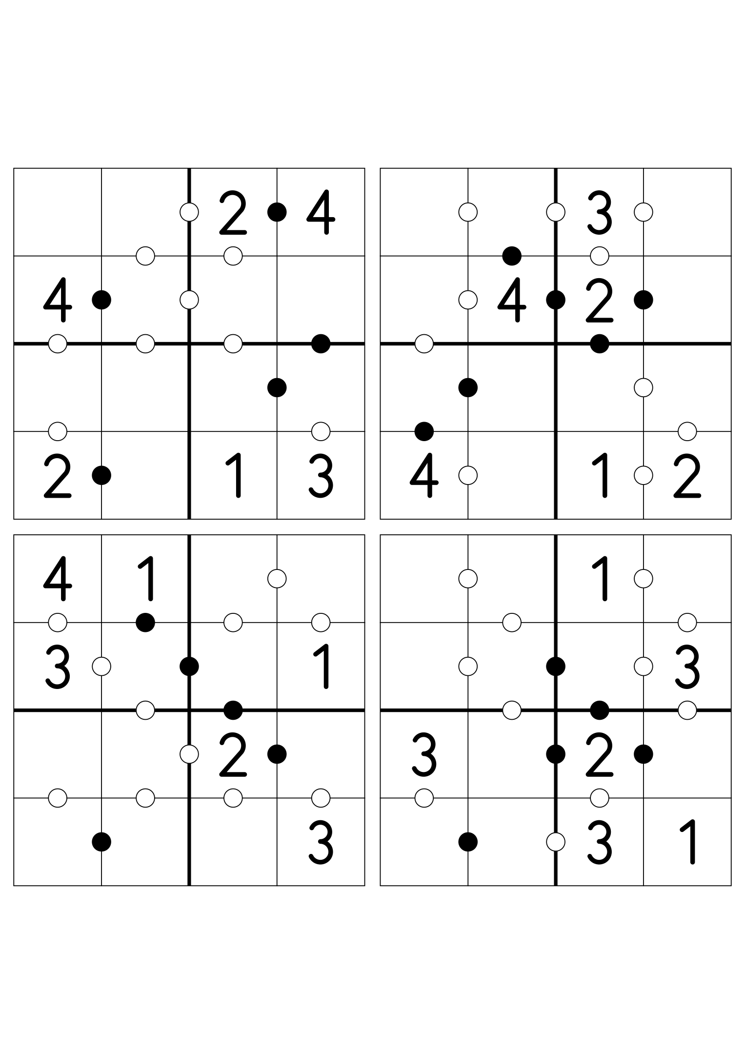 Four easy 4x4 Kropki grids, six digits given in each. Variant 6.