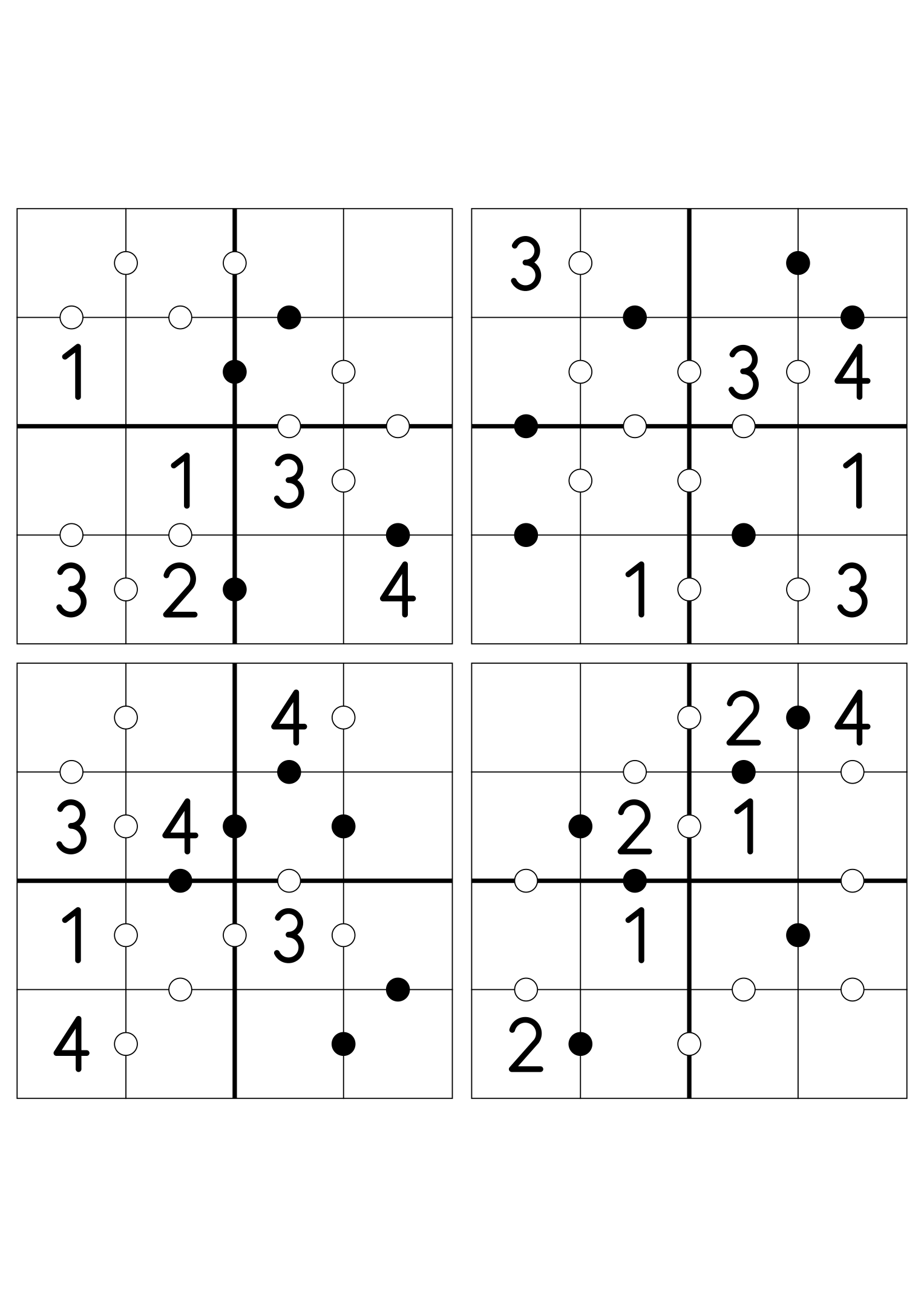 Four easy 4x4 Kropki grids, six digits given in each. Variant 7.
