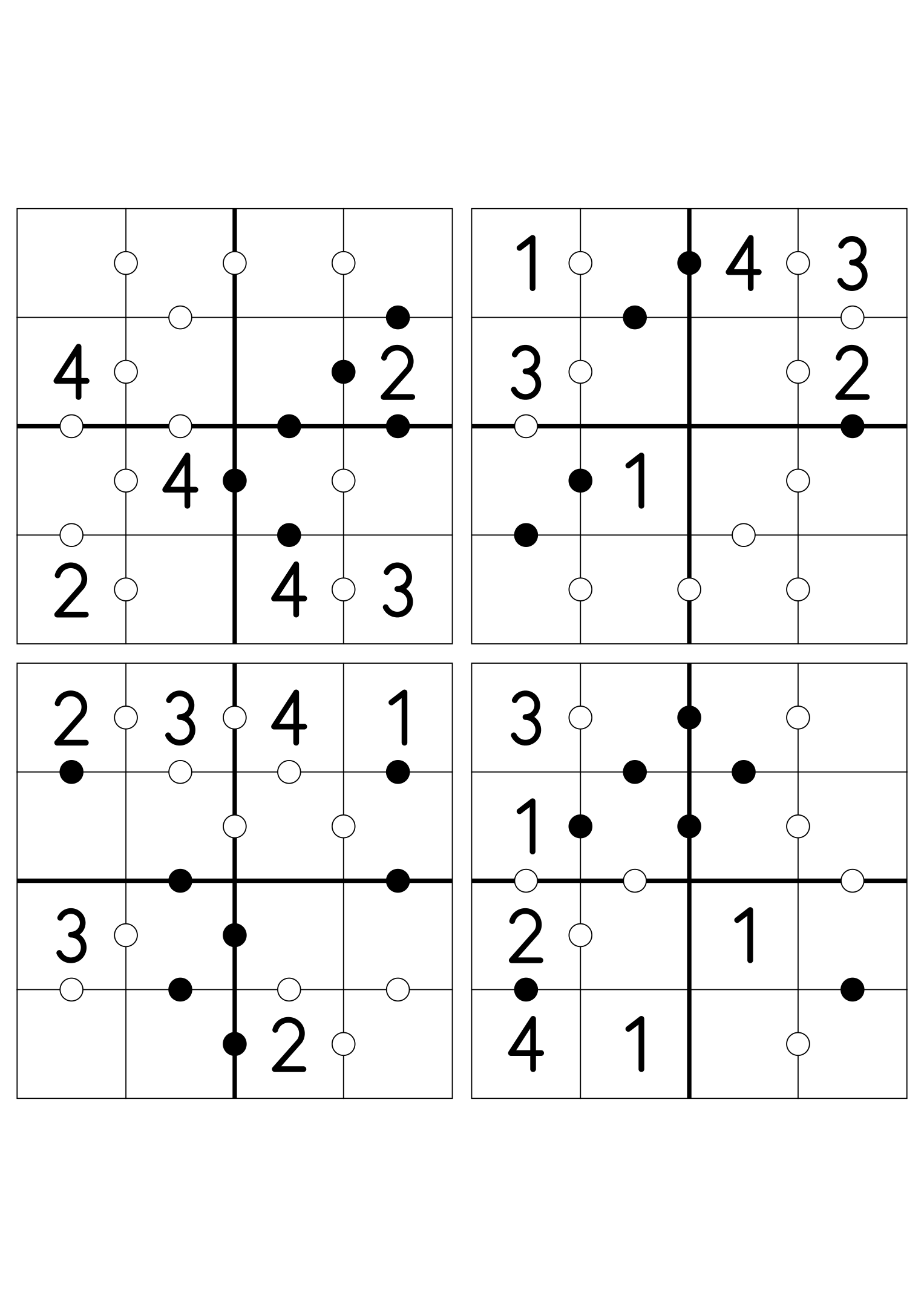 Four easy 4x4 Kropki grids, six digits given in each. Variant 8.